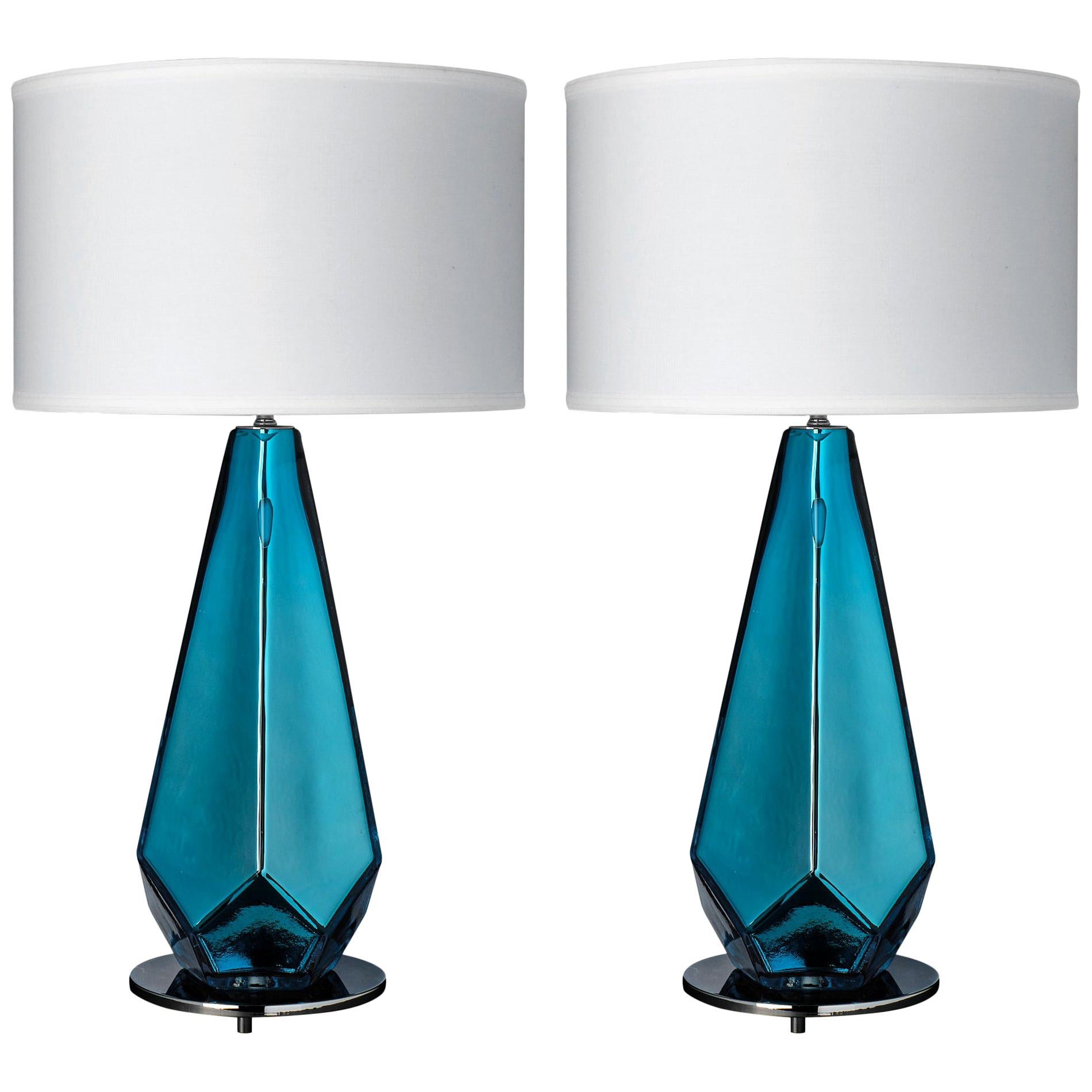 Murano Glass Blue “Specchiate” Lamps For Sale