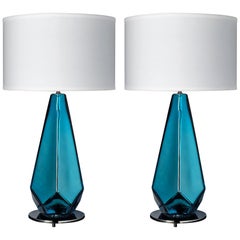 Murano Glass Blue “Specchiate” Lamps