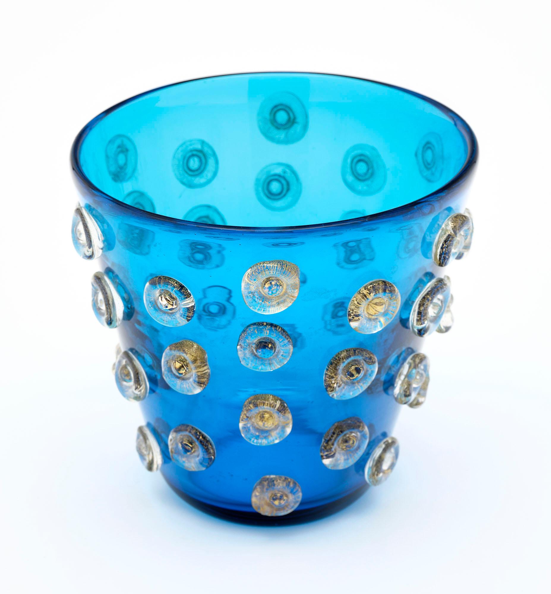 Pair of vases from the island of Murano made of aqua blue hand-blown glass with 24 carat fused glass “buttons”.
