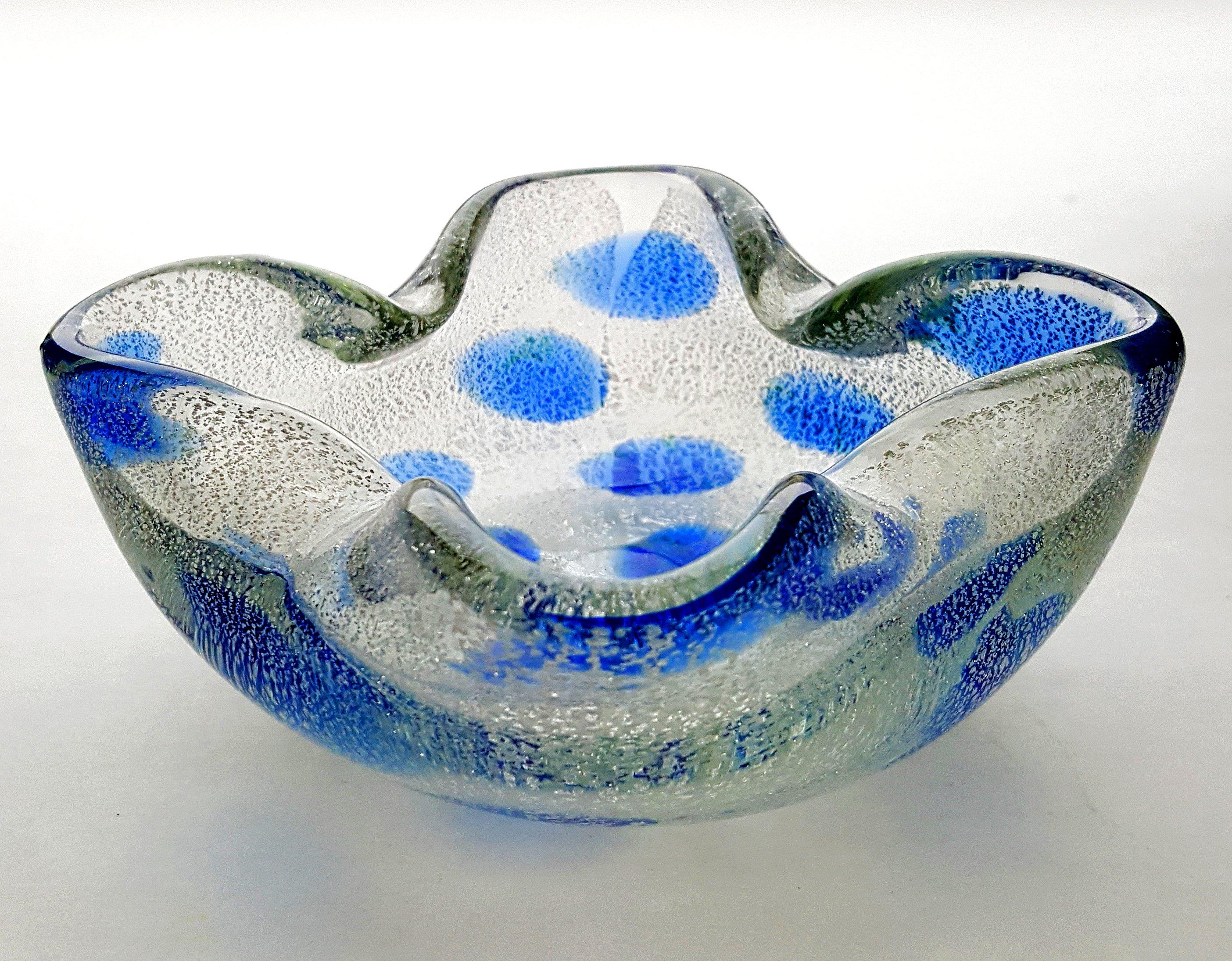 Other Vintage Murano Glass Bowl, Blue A Macchie & Silver Fleck  - Barovier & Toso For Sale