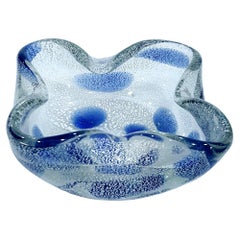 Murano Glass Bowl, Blue A Macchie and Silver Fleck in Clear Glass - Vintage