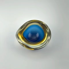 Murano Glass Blue and Yellow Teardrop Sommerso Geode Bowl c. 1960s Italy