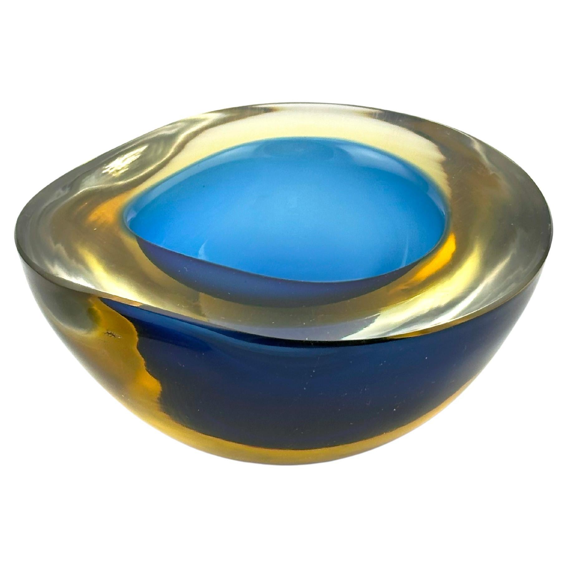 Murano Glass Blue and Yellow Teardrop Sommerso Geode Bowl c. 1960s Italy For Sale