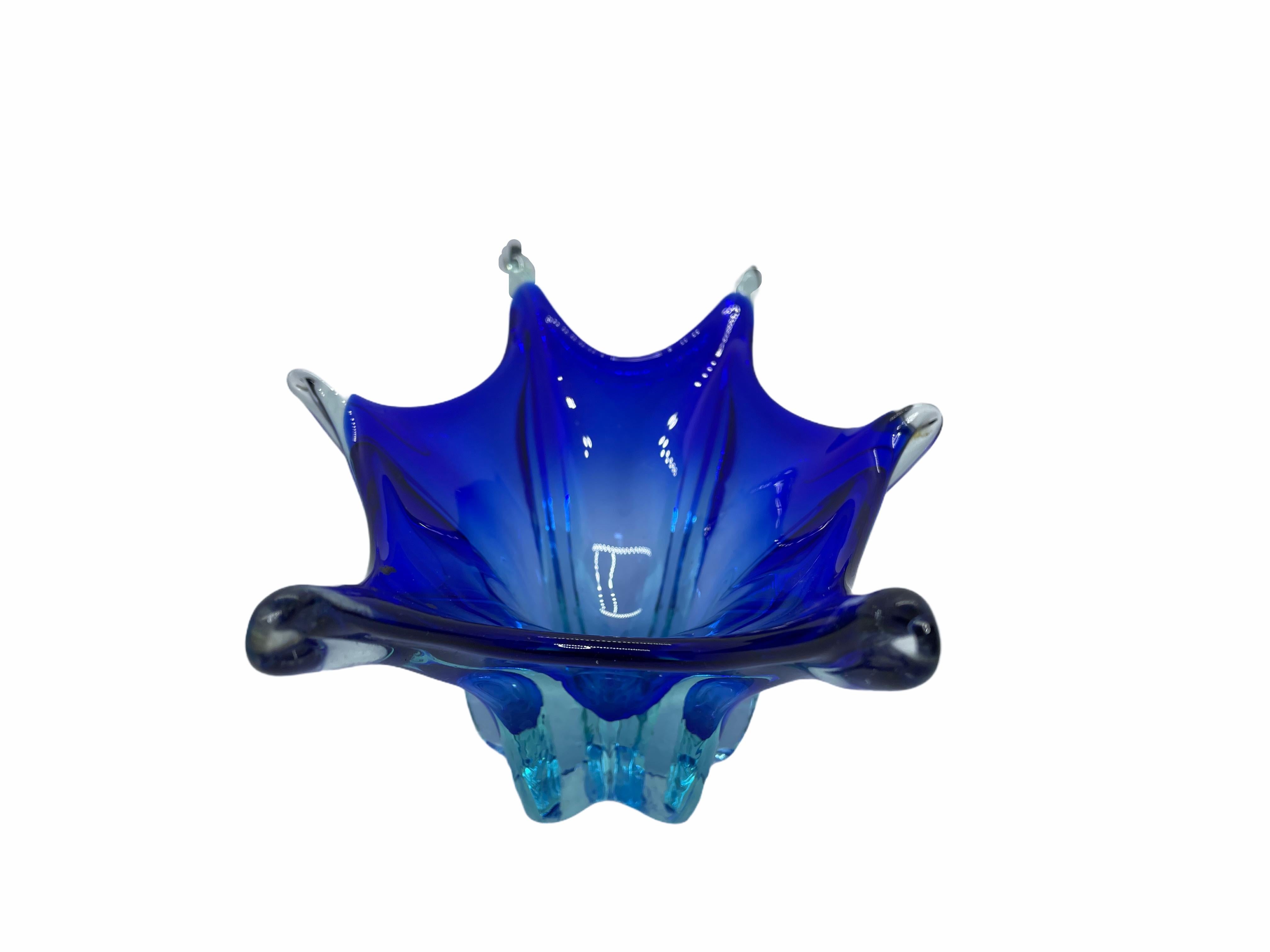 Mid-Century Modern Murano Glass Bowl Catchall Blue and Clear, Vintage, Italy, 1960s