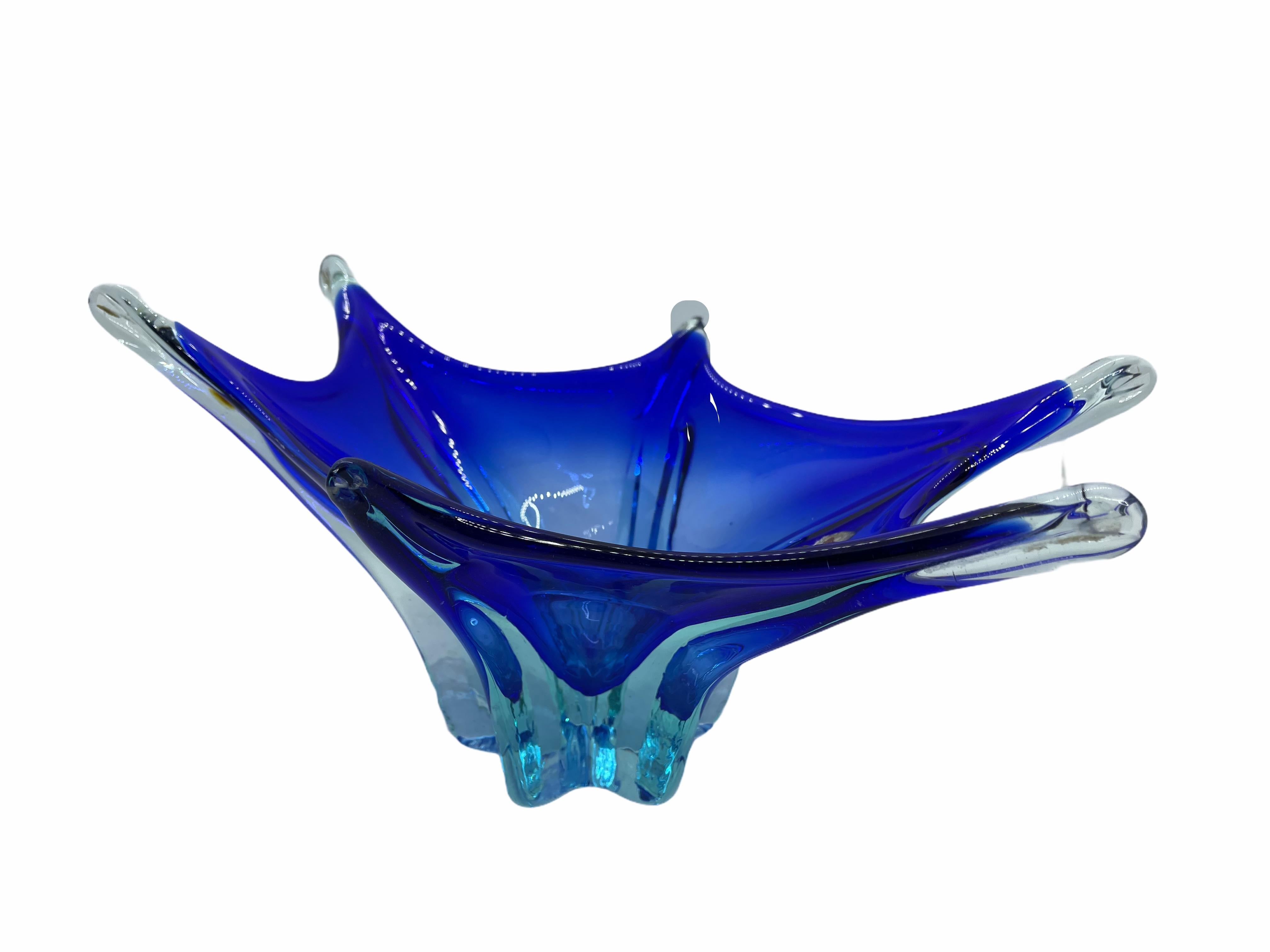 Italian Murano Glass Bowl Catchall Blue and Clear, Vintage, Italy, 1960s