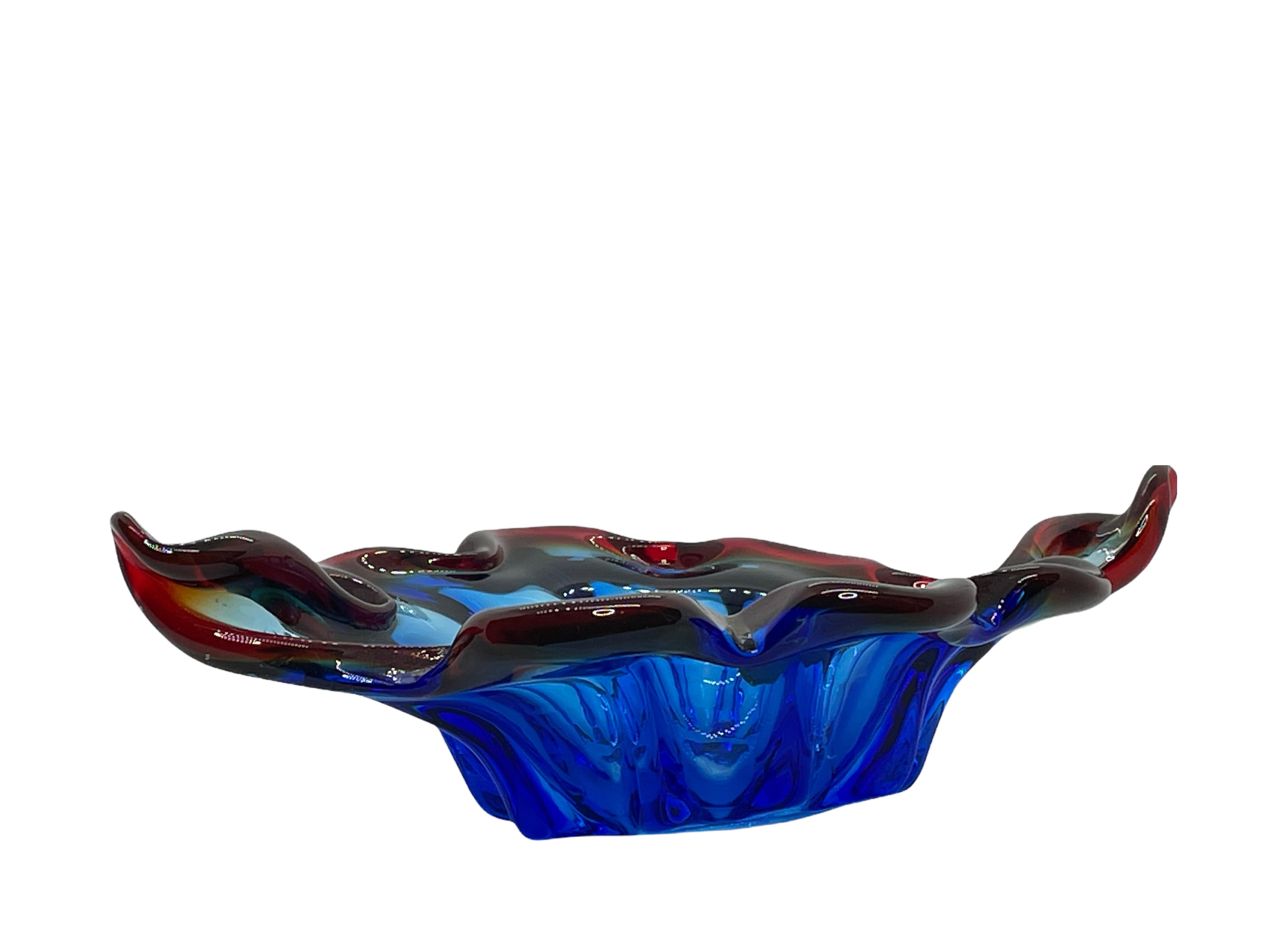 Italian Murano Glass Bowl Catchall Blue, Red and Clear, Vintage, Italy, 1960s For Sale