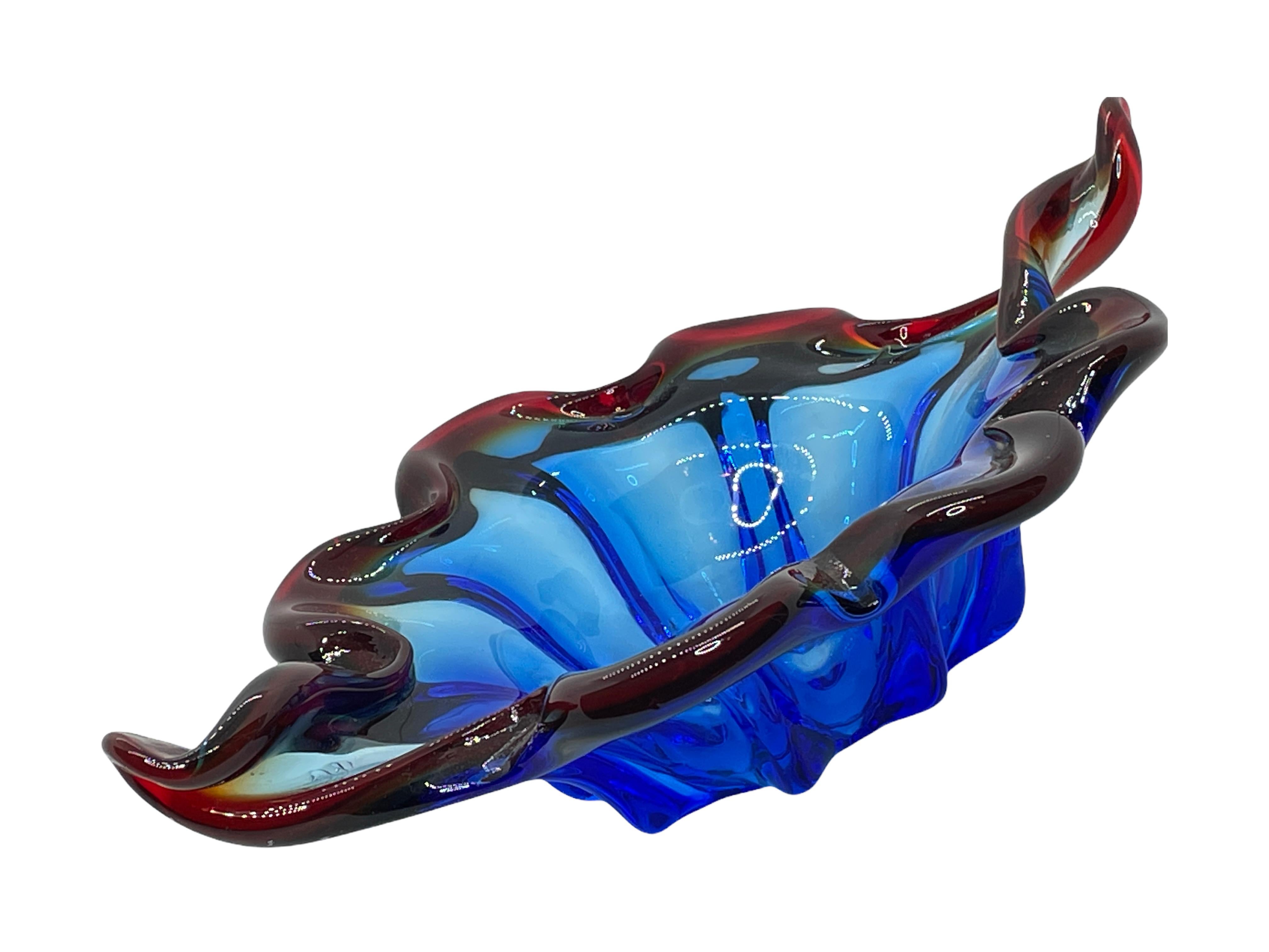 Hand-Crafted Murano Glass Bowl Catchall Blue, Red and Clear, Vintage, Italy, 1960s For Sale