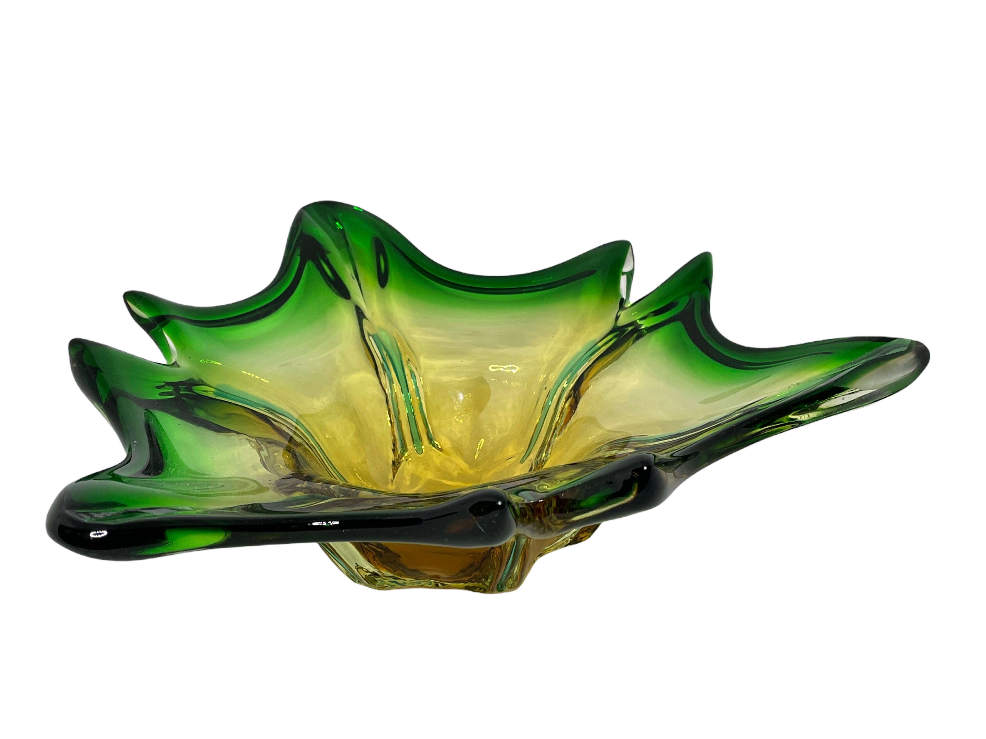 Mid-Century Modern Murano Glass Bowl Catchall Green, Amber and Clear, Vintage, Italy, 1960s