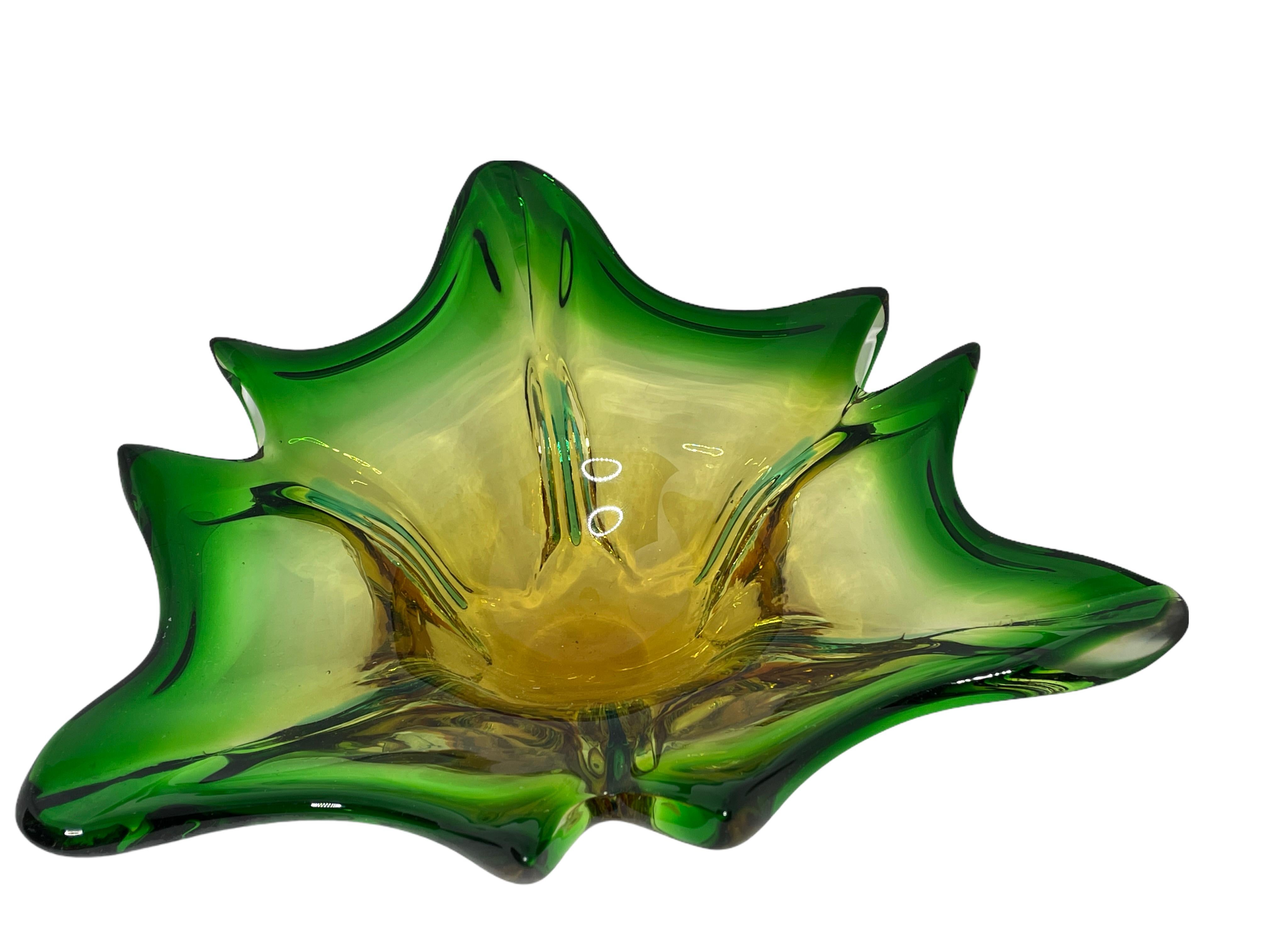 Italian Murano Glass Bowl Catchall Green, Amber and Clear, Vintage, Italy, 1960s
