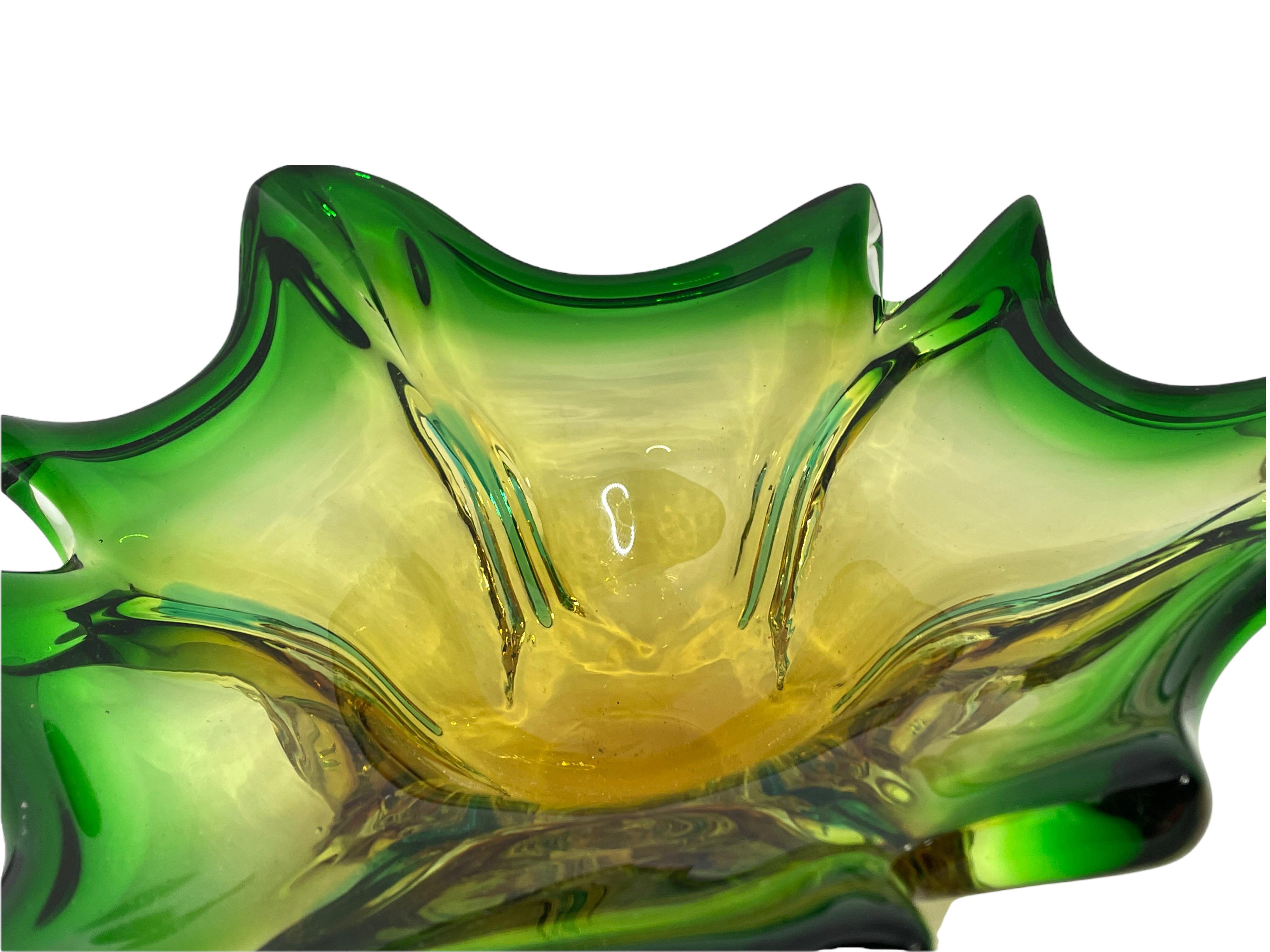 Mid-20th Century Murano Glass Bowl Catchall Green, Amber and Clear, Vintage, Italy, 1960s
