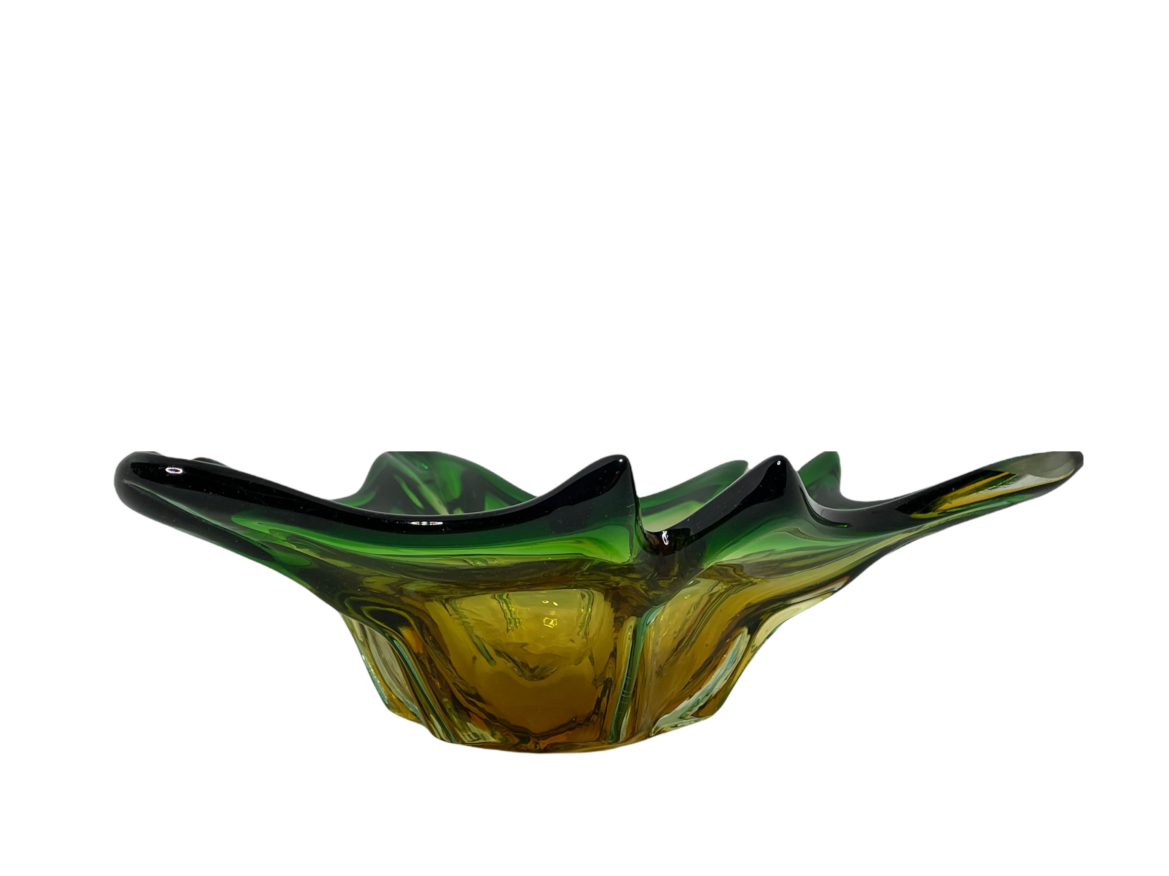 Art Glass Murano Glass Bowl Catchall Green, Amber and Clear, Vintage, Italy, 1960s