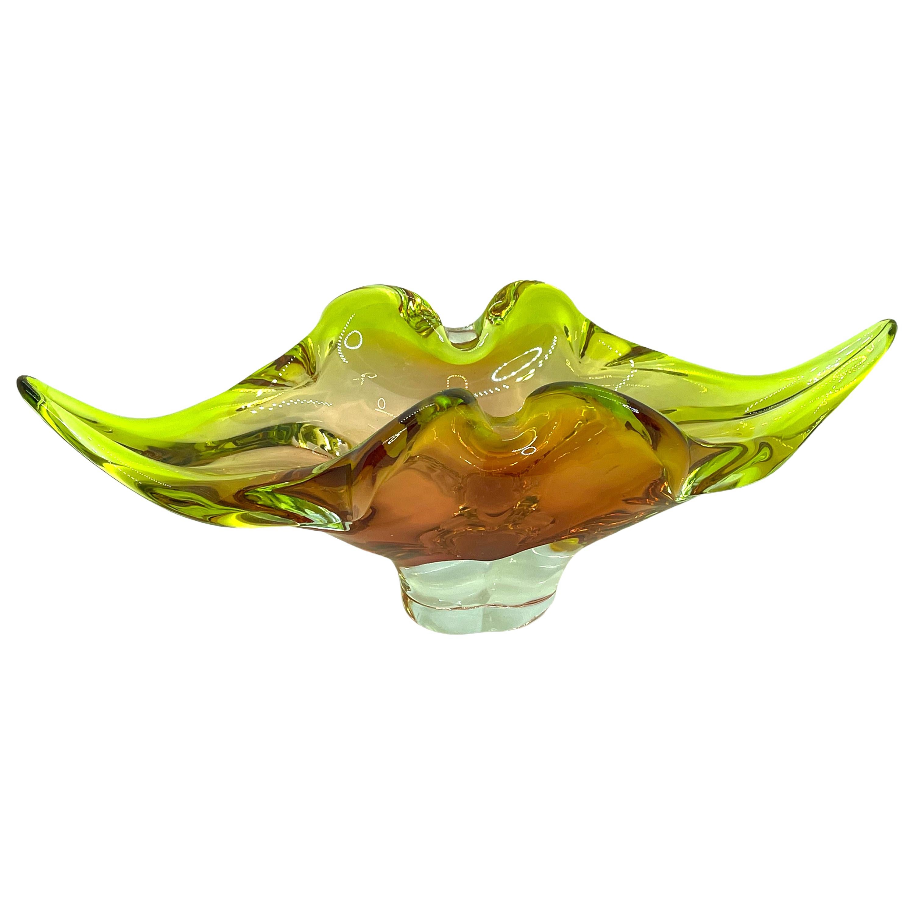 Murano Glass Bowl Catchall Lime Green and Rose Pink Vintage, Italy, 1970s