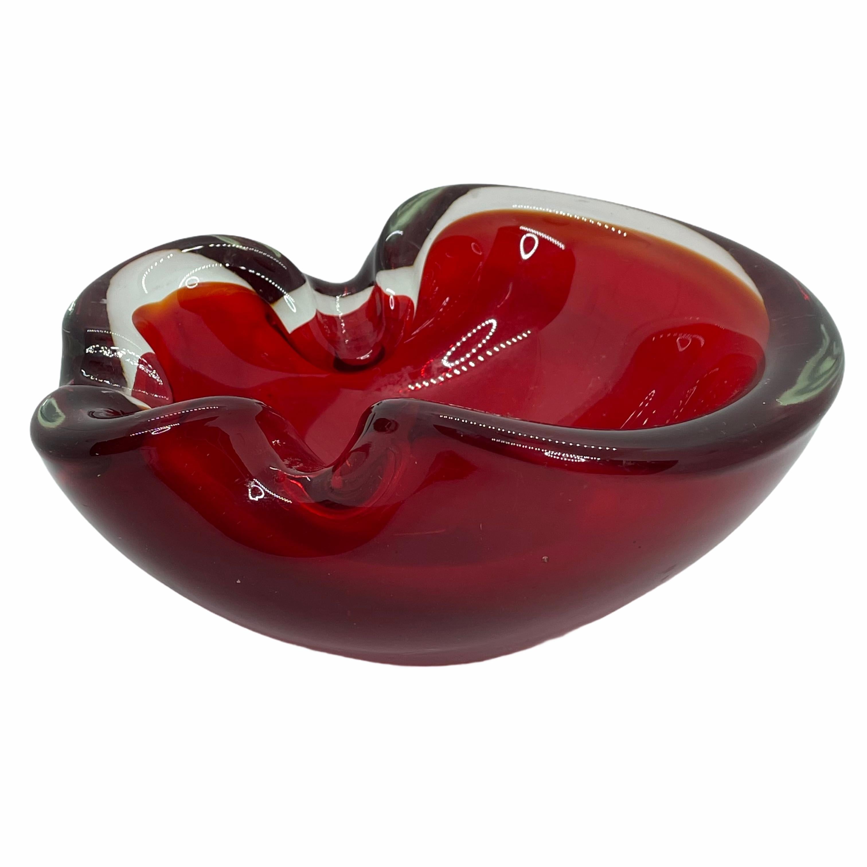 Mid-Century Modern Murano Glass Bowl Catchall Red and Clear Vintage, Italy, 1970s