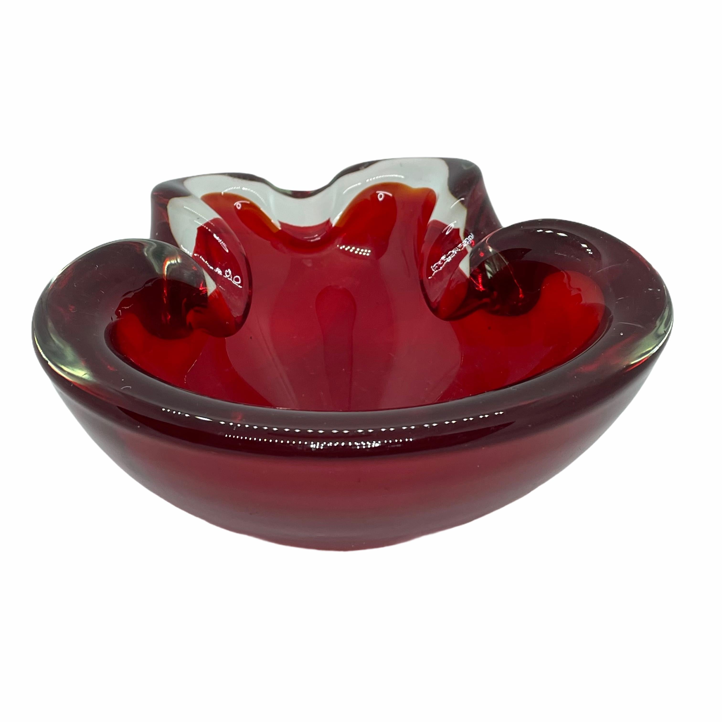 Italian Murano Glass Bowl Catchall Red and Clear Vintage, Italy, 1970s