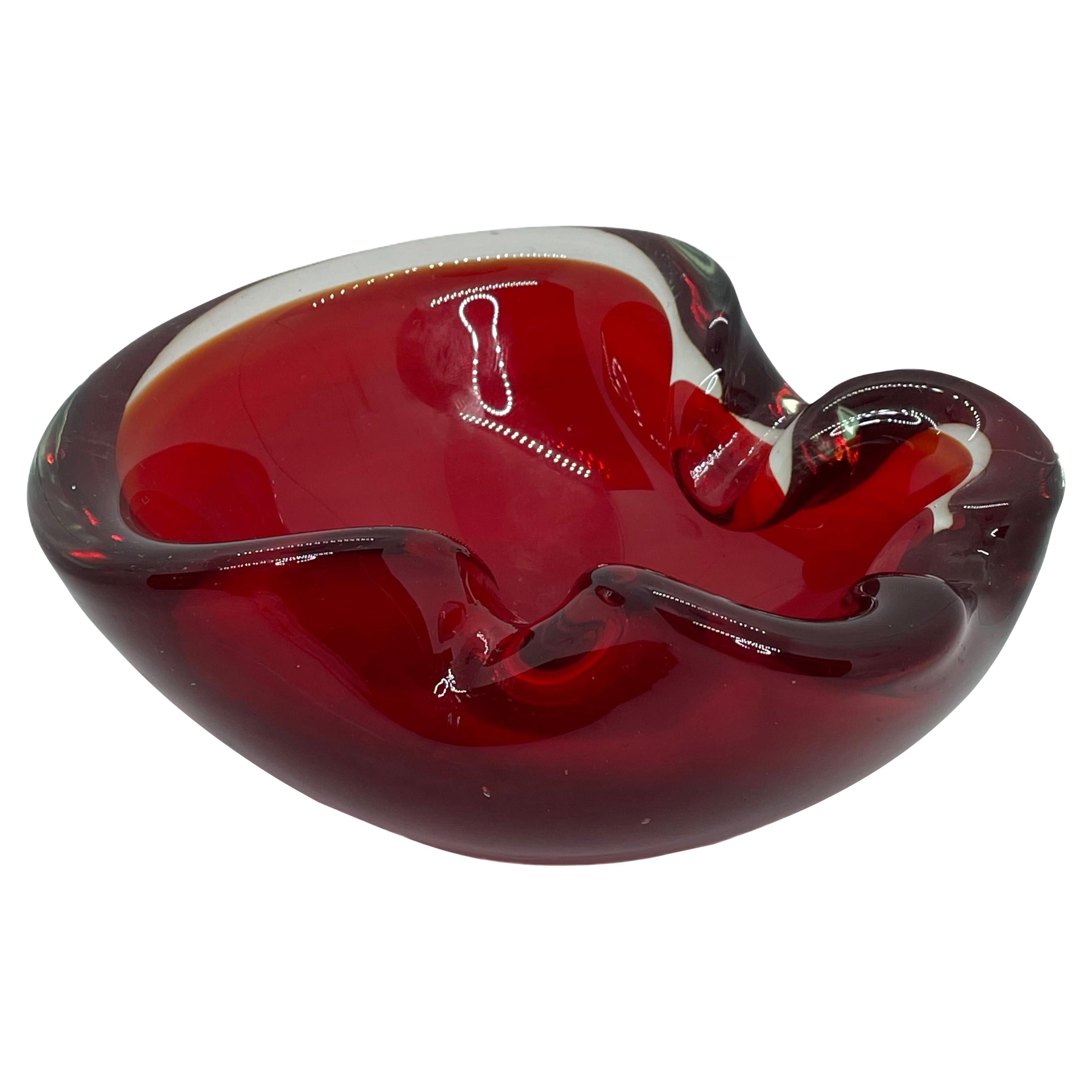 Murano Glass Bowl Catchall Red and Clear Vintage, Italy, 1970s
