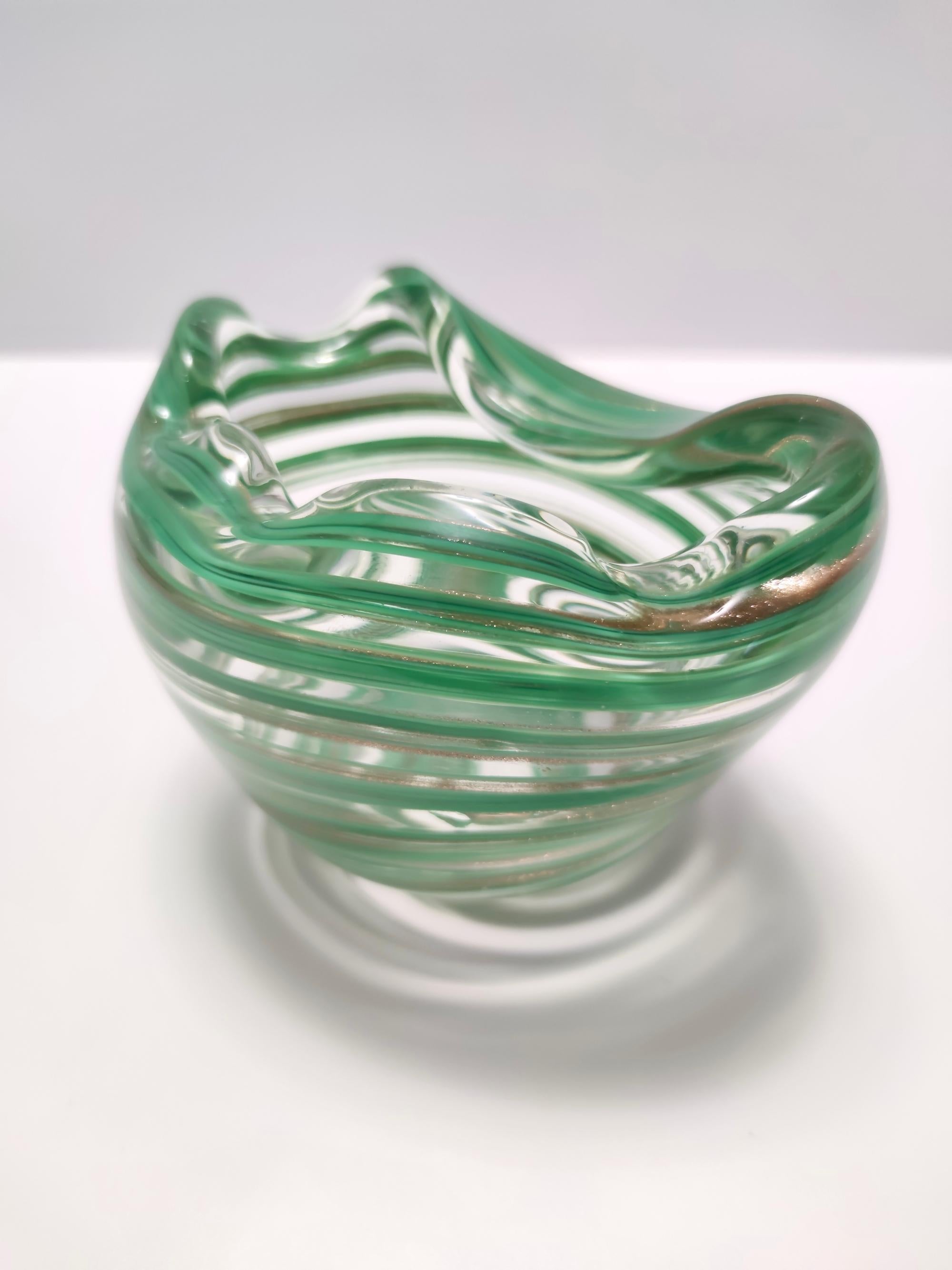Mid-Century Modern Murano Glass Bowl or Ashtray with Green Canes and Aventurine Glass, Italy For Sale
