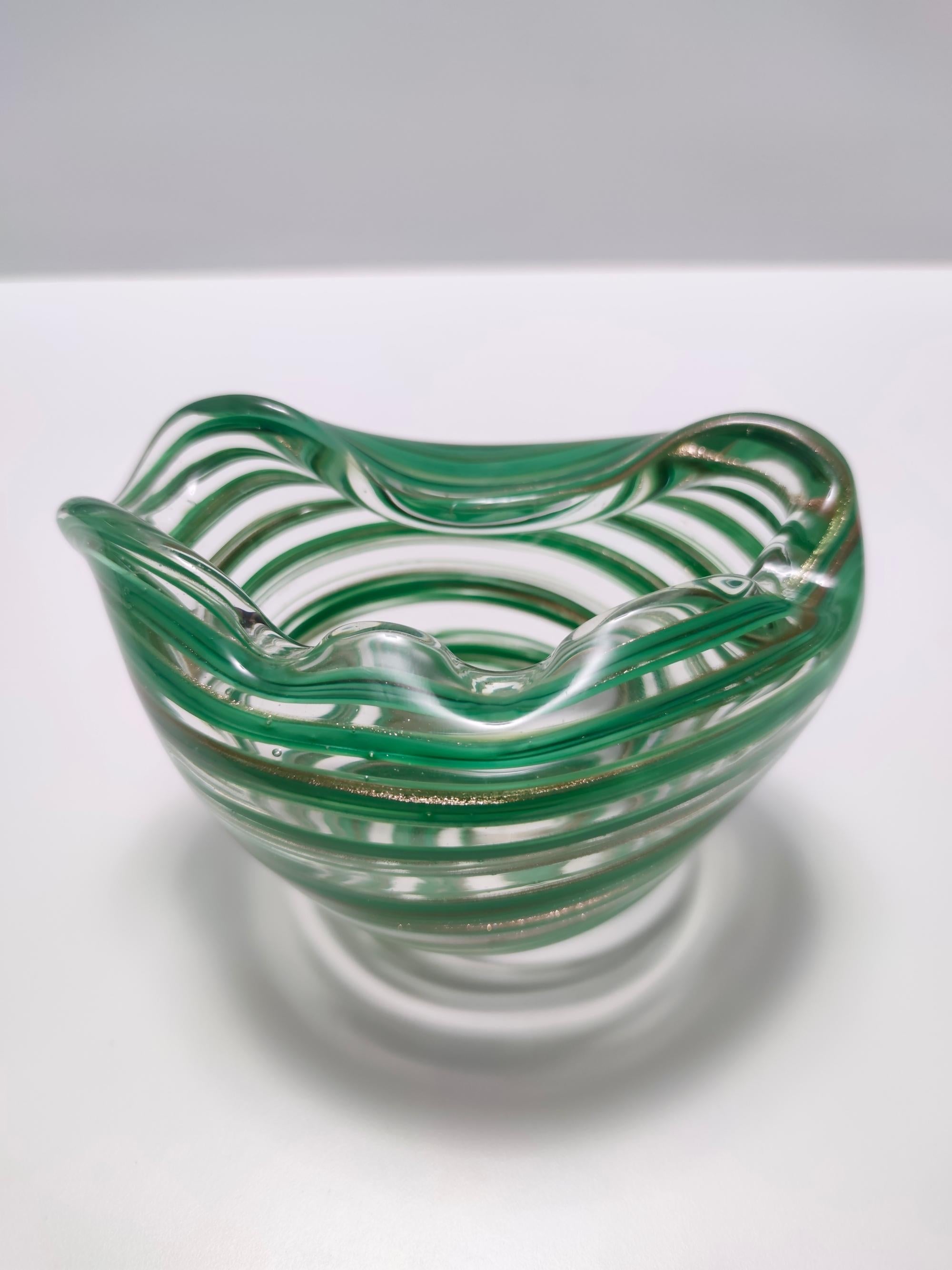 Mid-20th Century Murano Glass Bowl or Ashtray with Green Canes and Aventurine Glass, Italy For Sale