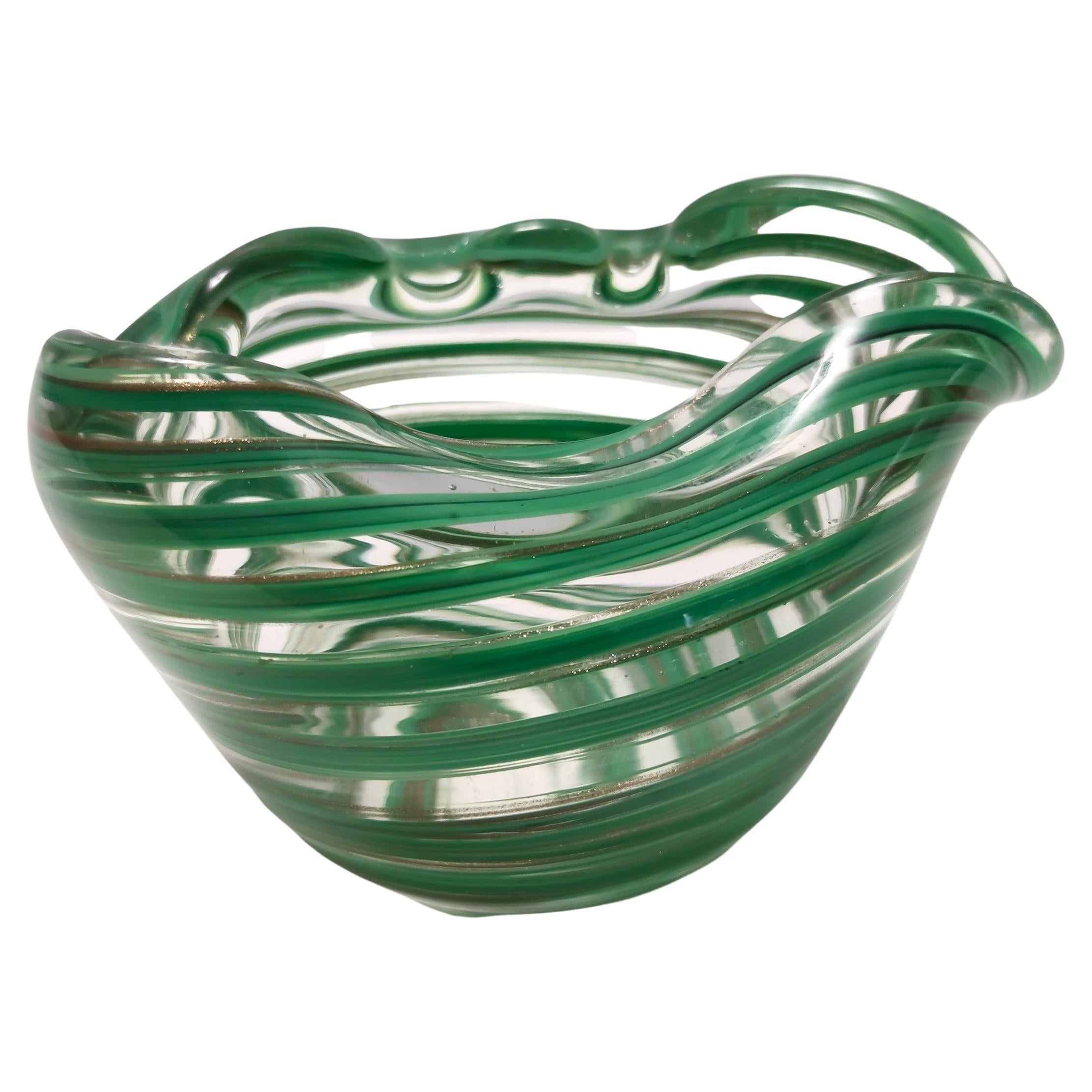 Murano Glass Bowl or Ashtray with Green Canes and Aventurine Glass, Italy