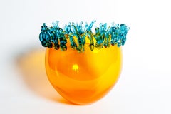 Murano Glass Bowl, Orange with Blue Appliques, signed Barovier