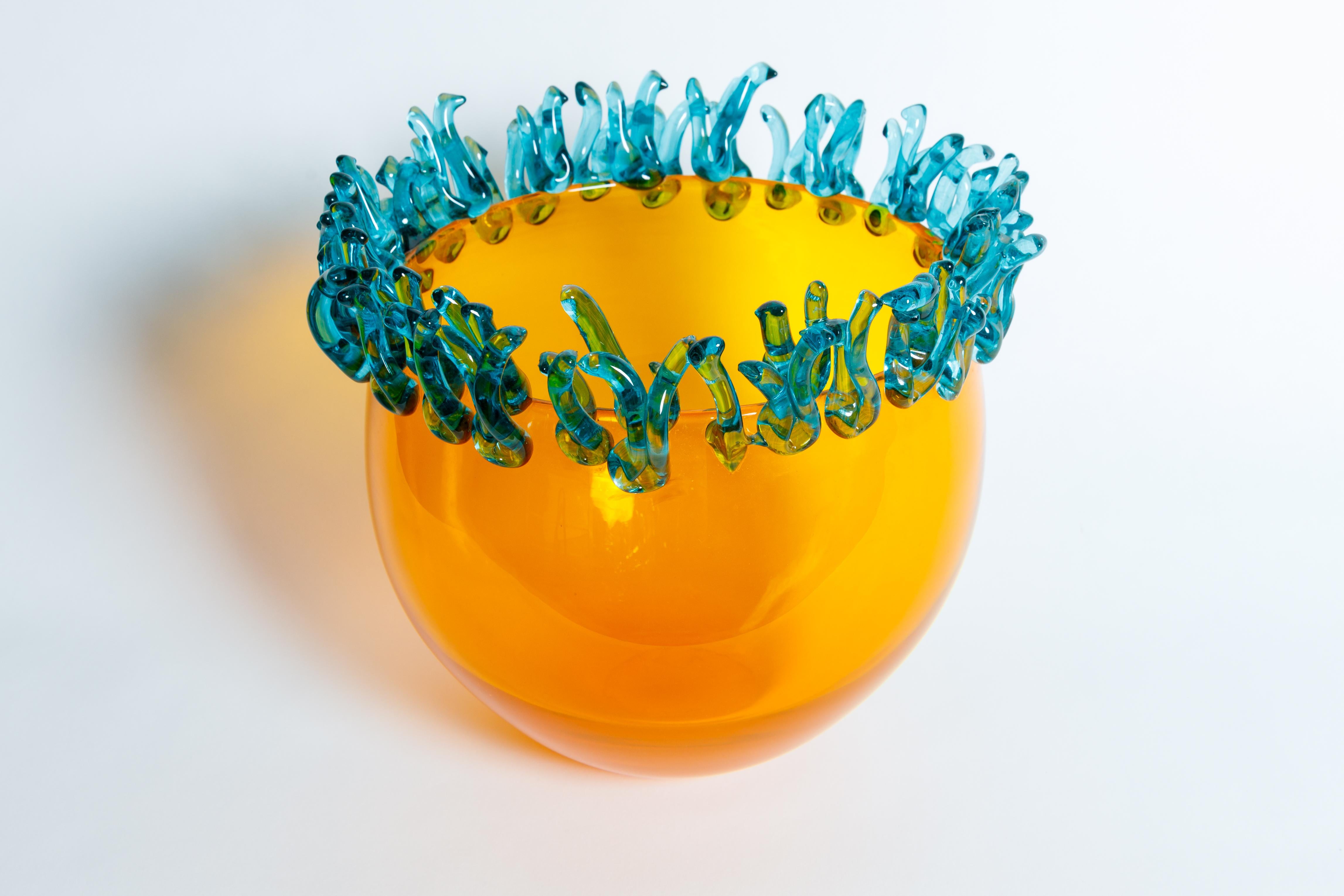 Mid-Century Modern Murano Glass Bowl, Orange with Blue Appliques, signed Barovier For Sale