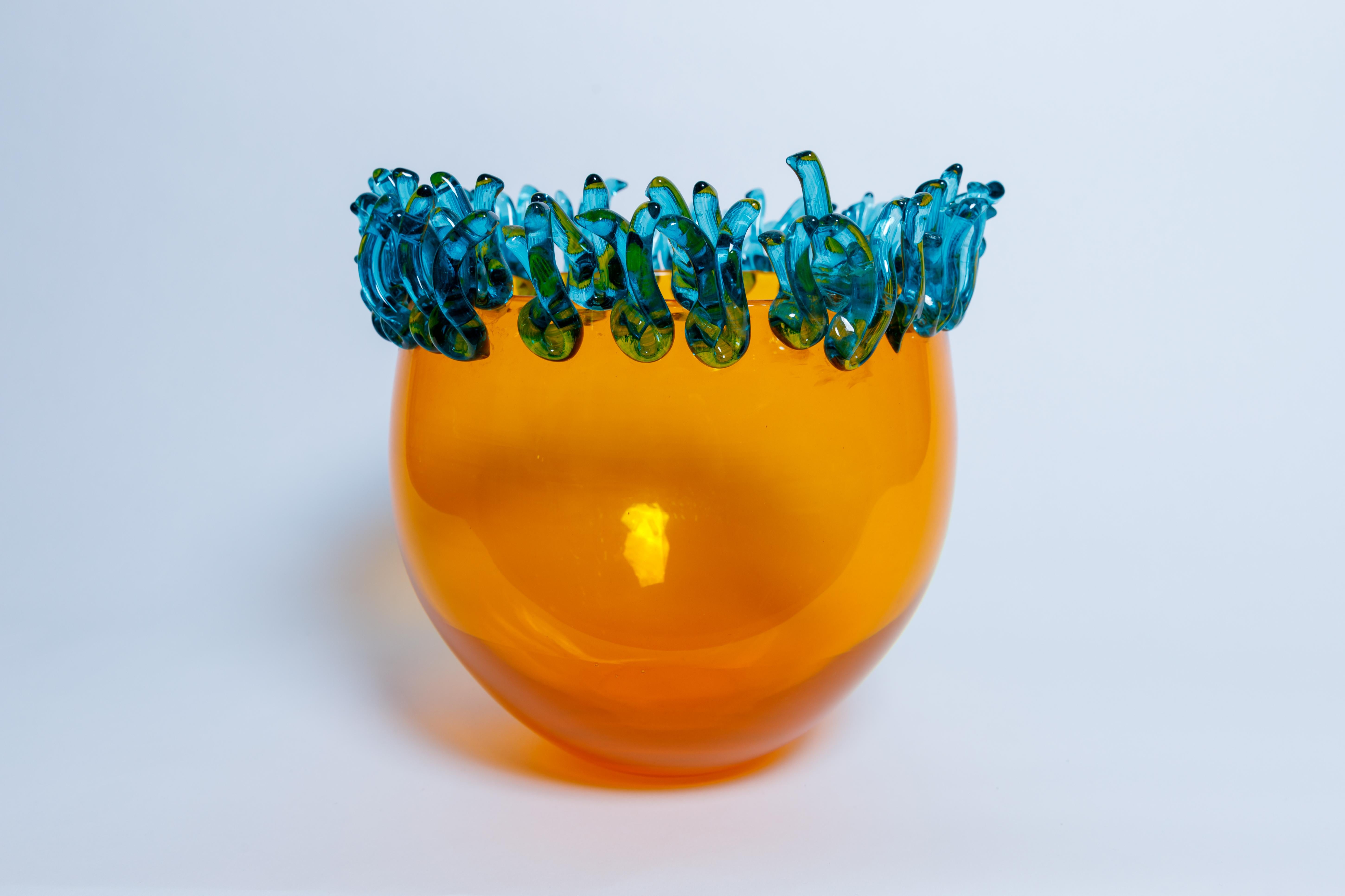 Italian Murano Glass Bowl, Orange with Blue Appliques, signed Barovier For Sale