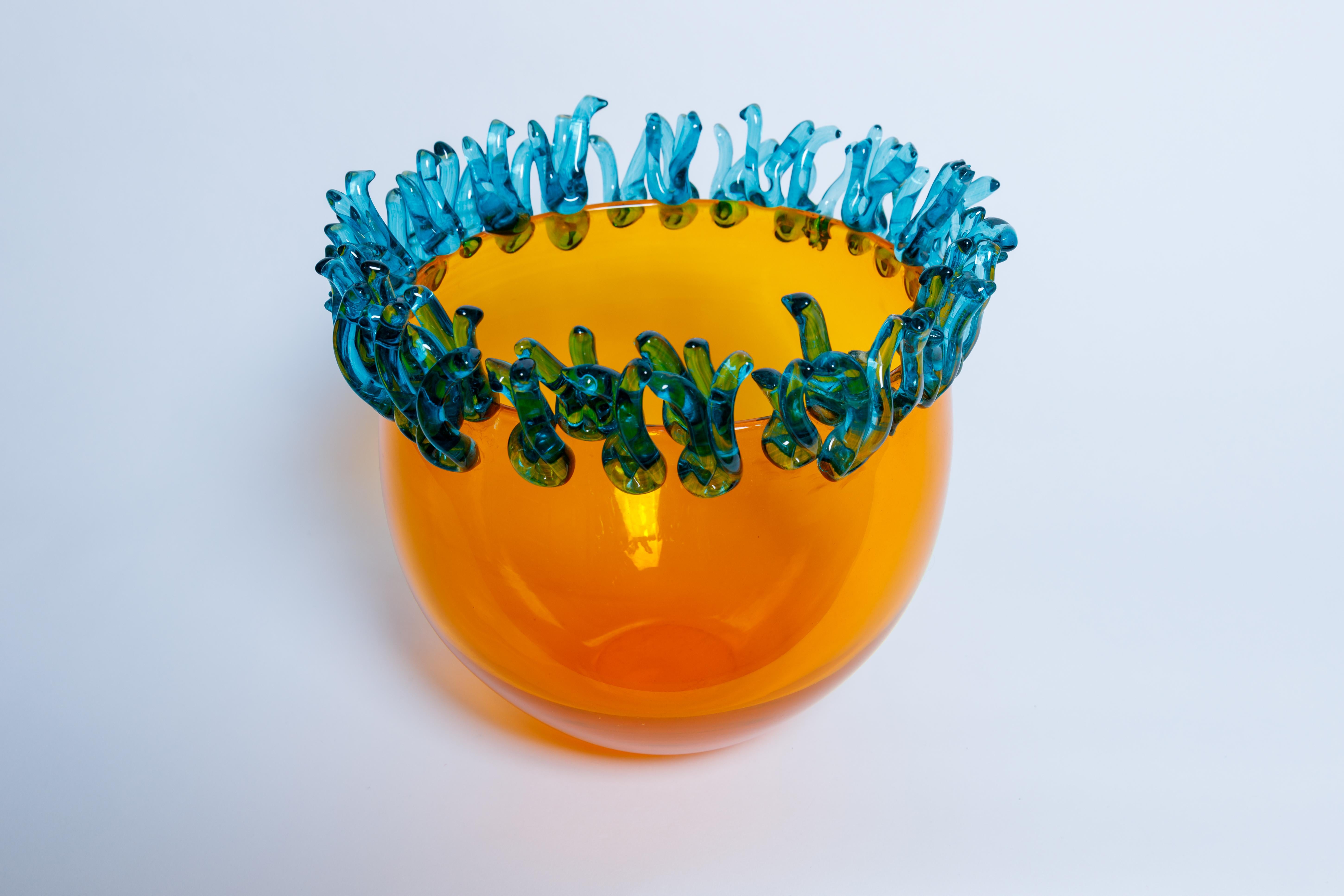 Hand-Crafted Murano Glass Bowl, Orange with Blue Appliques, signed Barovier For Sale