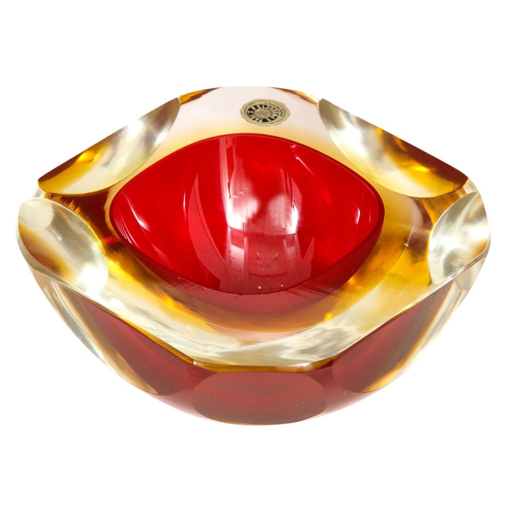 Alessandro Mandruzzato murano glass bowl, Sommerso, faceted, red, amber, signed. Medium scale chunky glass caviar bowl with ruby red core and an amber yellow top. Intricately executed with cut glass polished sides, base, and top. Signed with an
