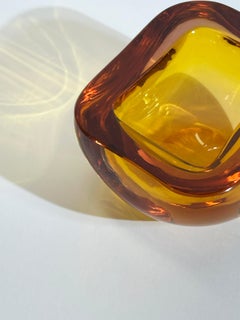 Murano Glass Bowl, Sommerso Geode Form, Orange Pink, Italy 1970s