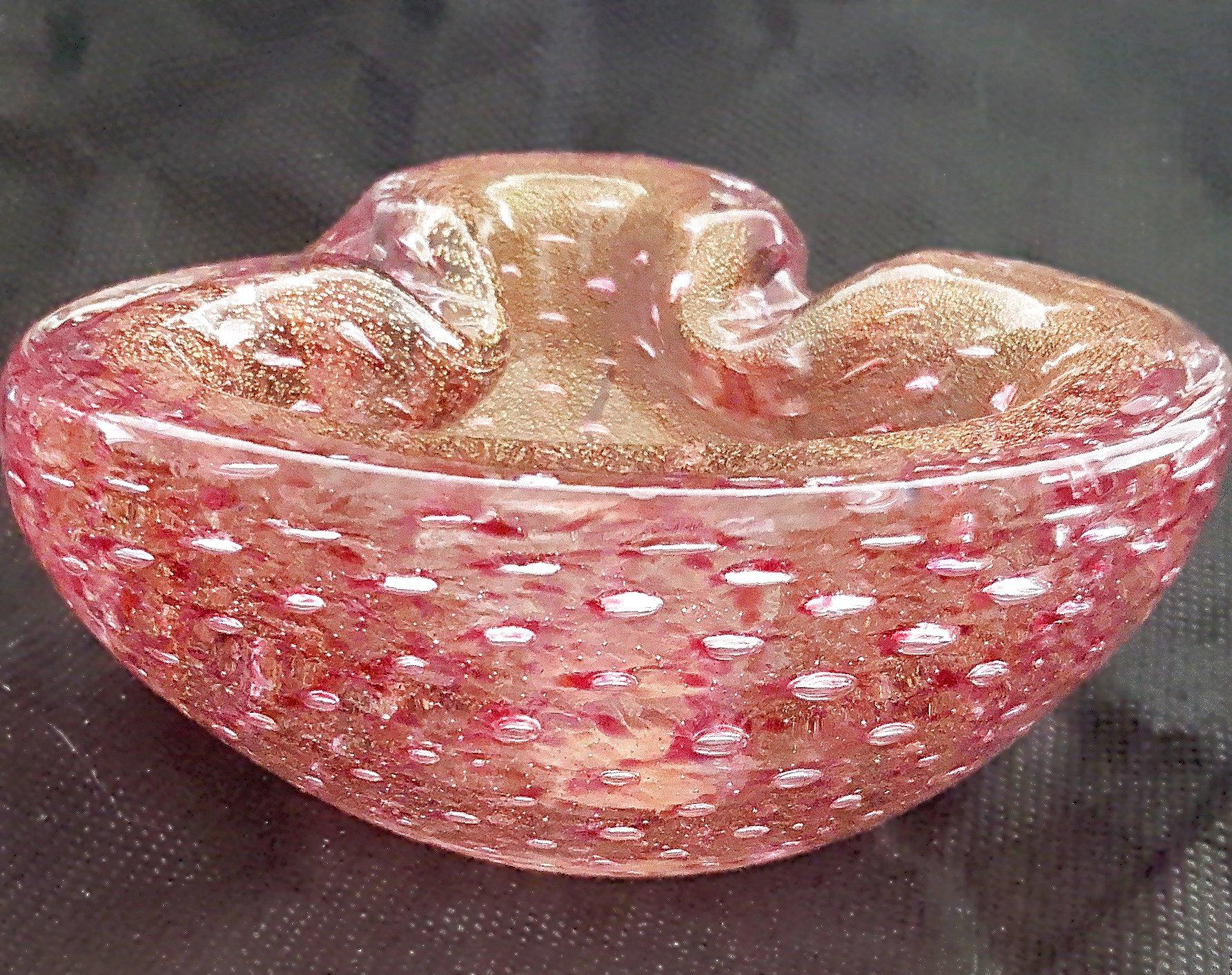 Mid-Century Modern Murano Glass Bowl with Bullicante, Gold Polveri, Original Label Zanetti & For Sale