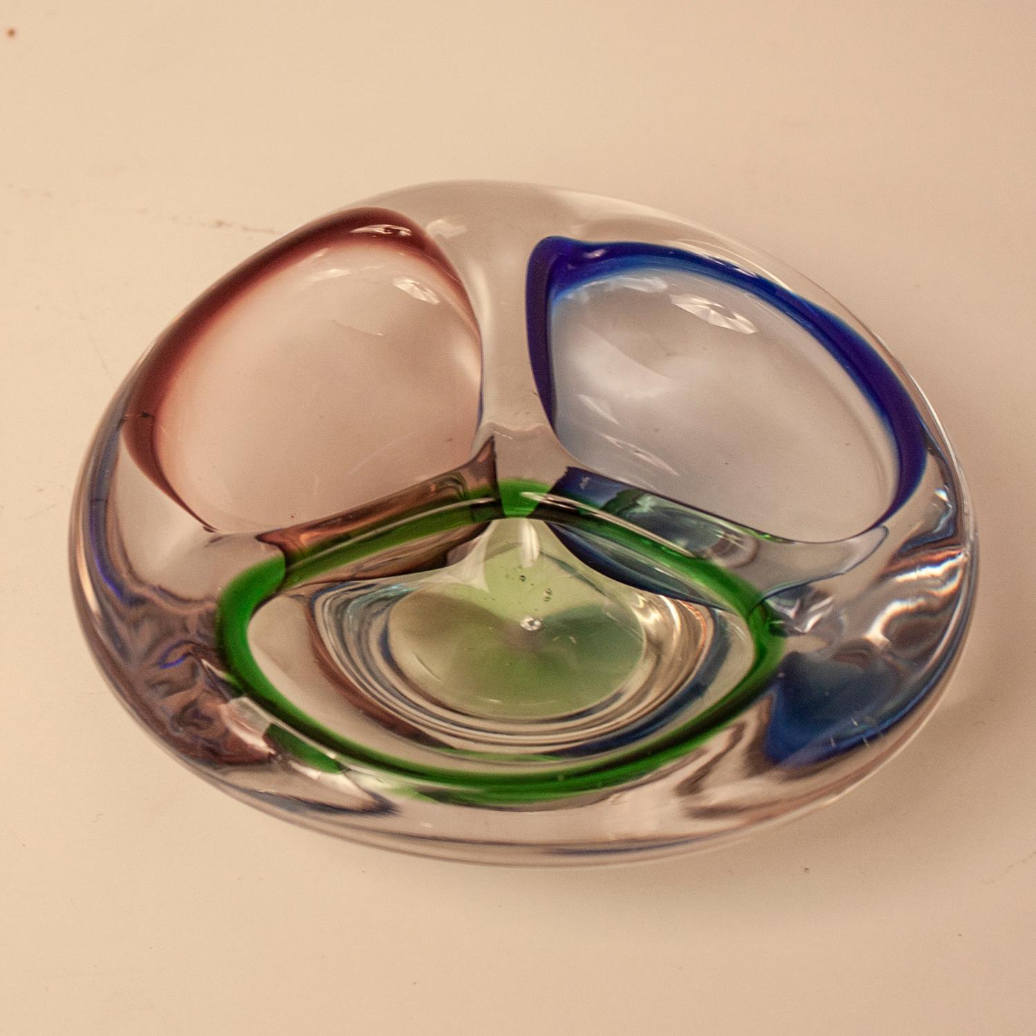 Murano bowl with three colors. And three concavities, Italy, 1970s
Green, blue and lilac.