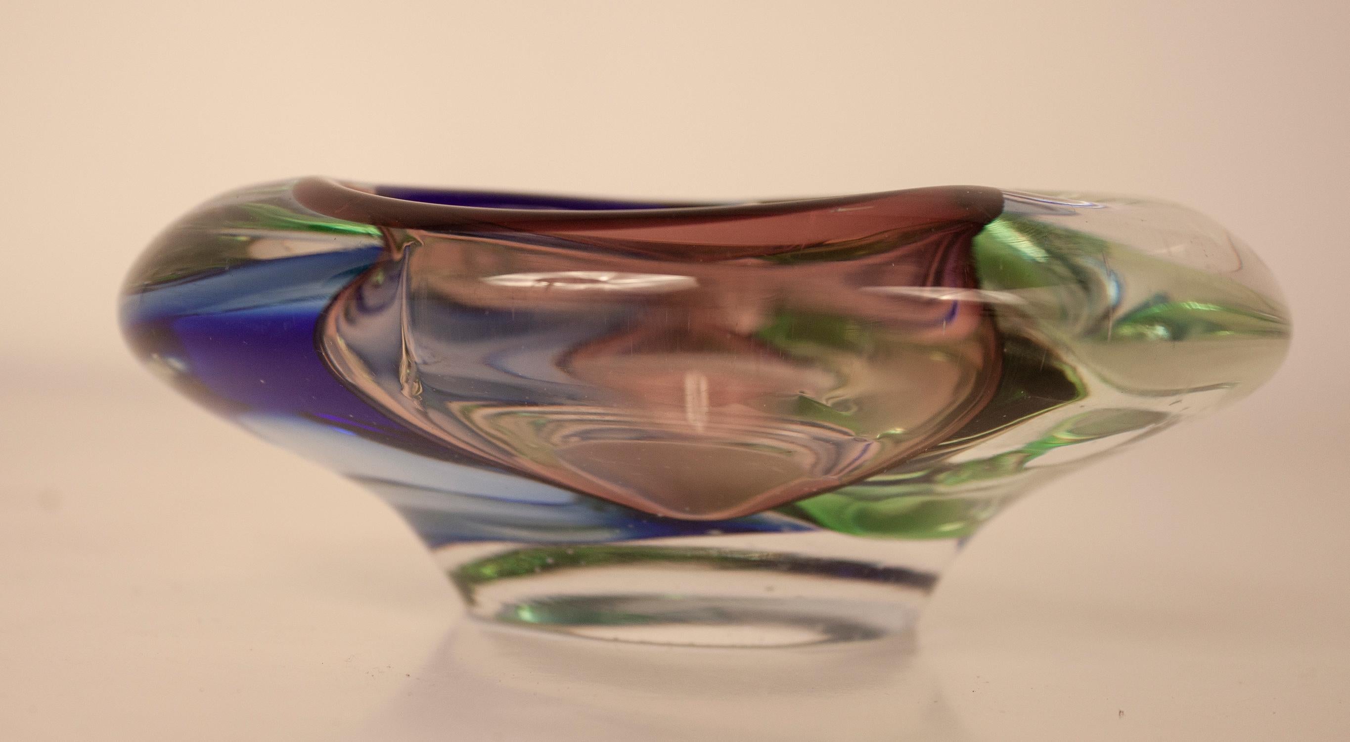 Mid-Century Modern Murano Glass Bowl with Three Colors, Green, Blue and Lilac, Italy 1970s