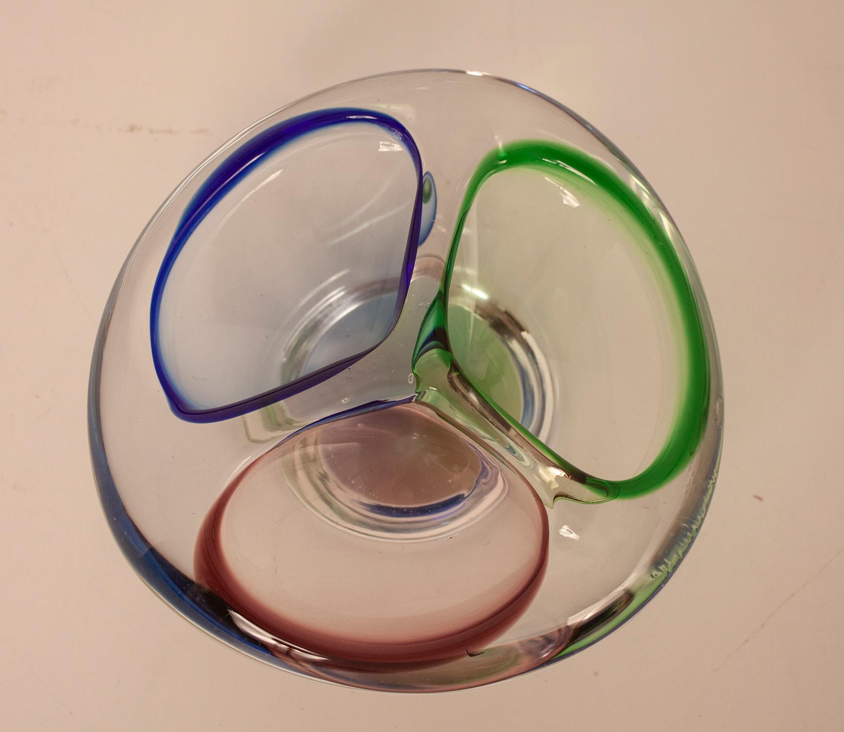 Italian Murano Glass Bowl with Three Colors, Green, Blue and Lilac, Italy 1970s