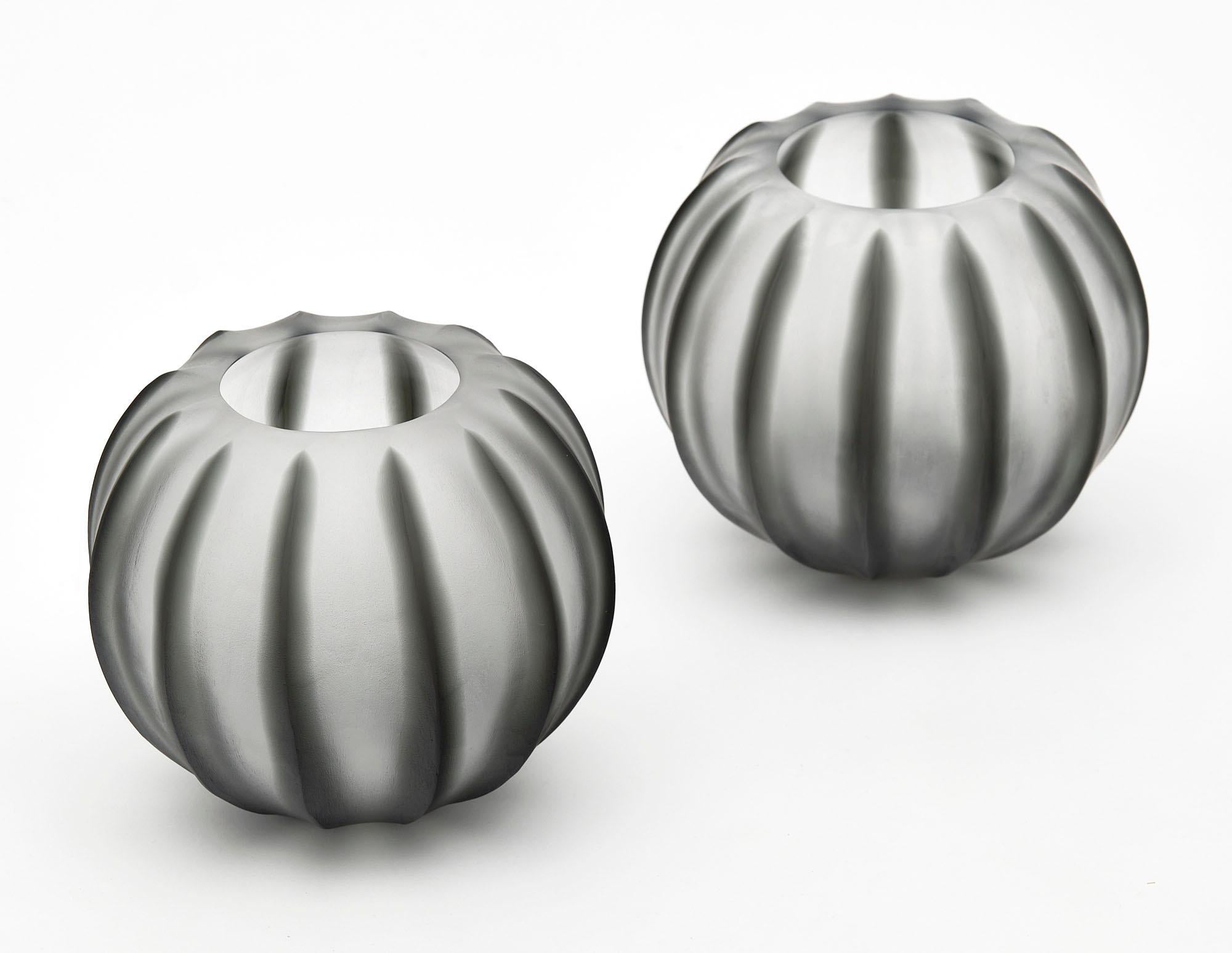 Pair of bowls from the island of Murano made with bicolored frosted gray hand-blown glass. One is signed Constantino.