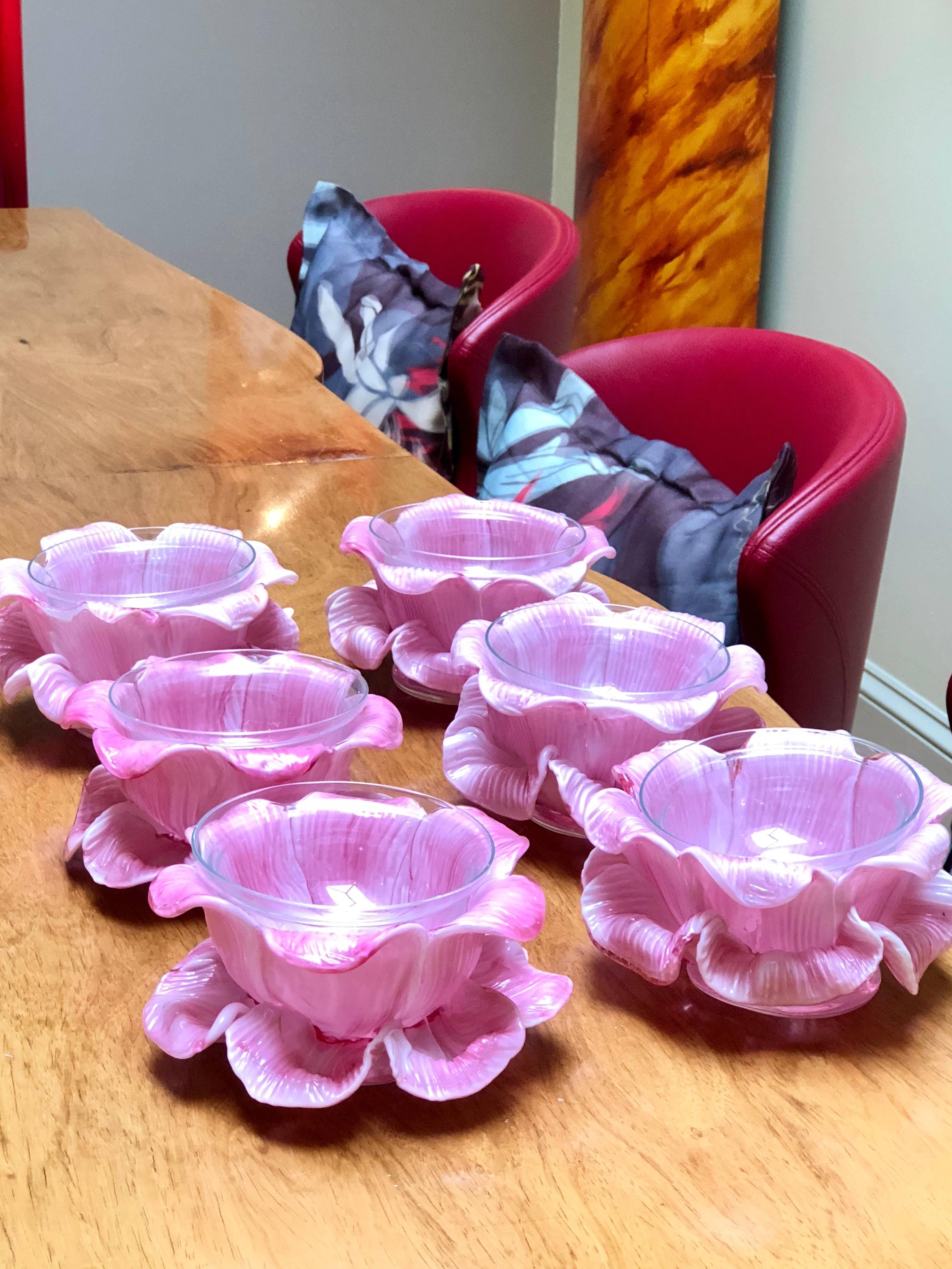 Six exquisite pink handblown Murano glass finger bowls or dessert bowls. The original blue paper label is on the underside.