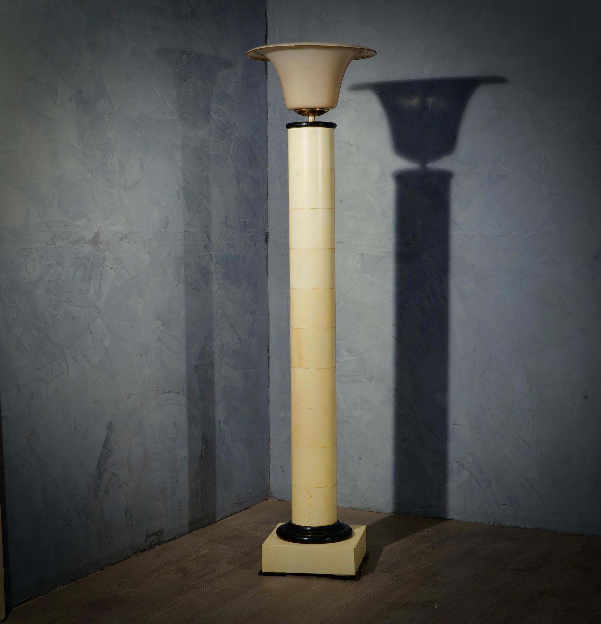 Wood Murano Glass Brass and Goatskin Italian Art Deco Floor Lamp, 1940 For Sale