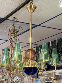 Murano Glass Brass Chandelier in Cobalt Blue Turquoise and Red Glass