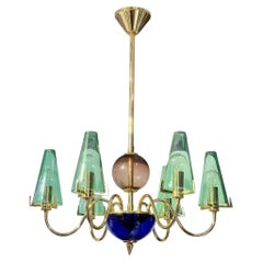 Murano Glass Brass Chandelier in Cobalt Blue Turquoise and Red Glass