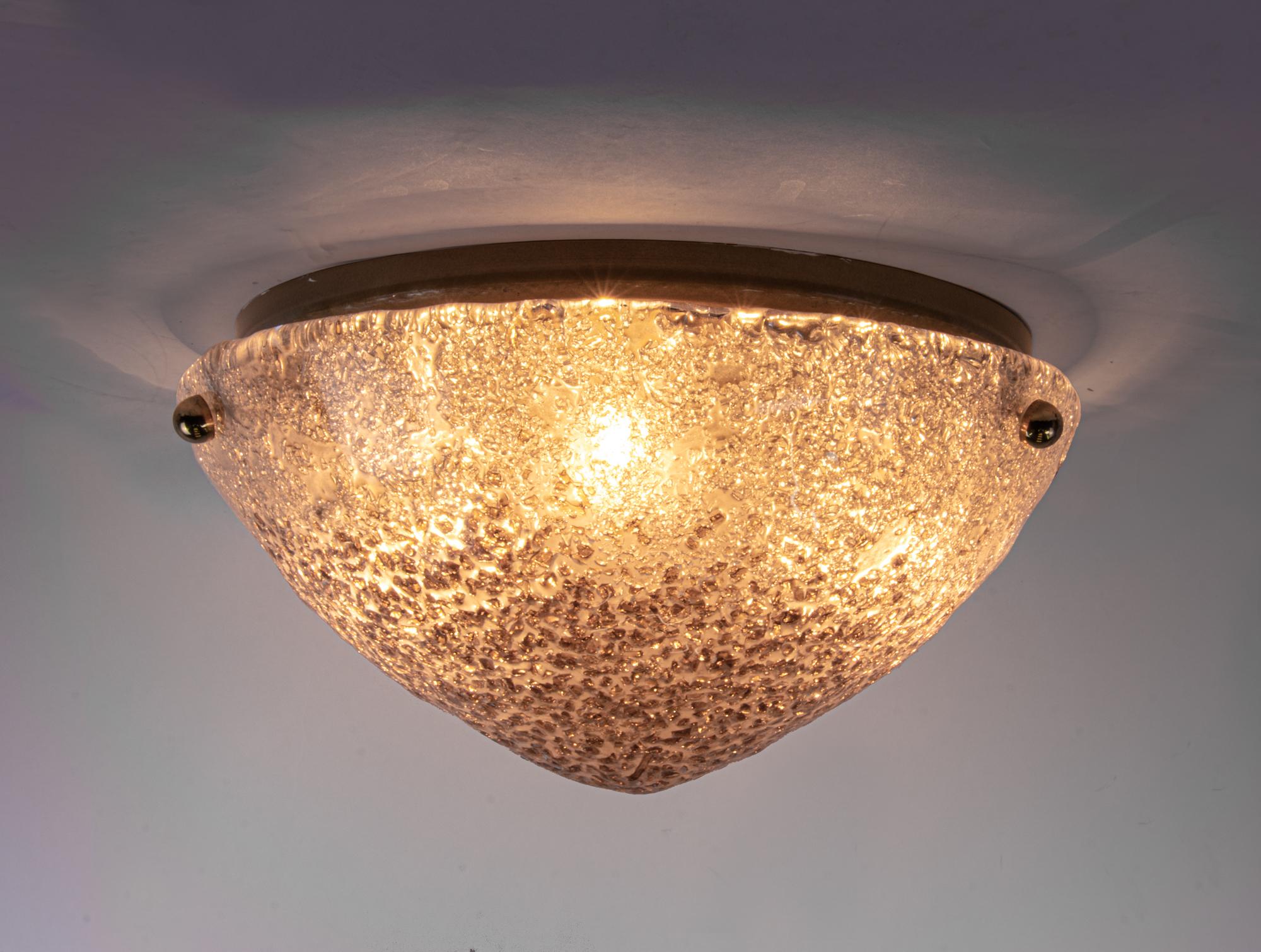 Mid-20th Century 1960 Germany Kaiser Large Flush Mount Amber Murano Glass & Brass For Sale