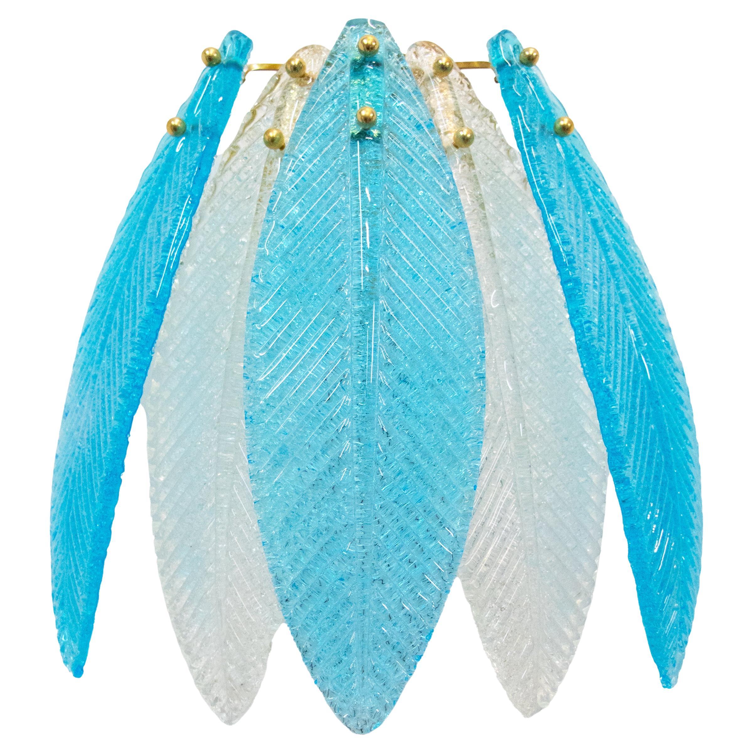 Murano Palmette Wall Sconce Aquamarine Glass & Brass by Barovier, Italy 1960s