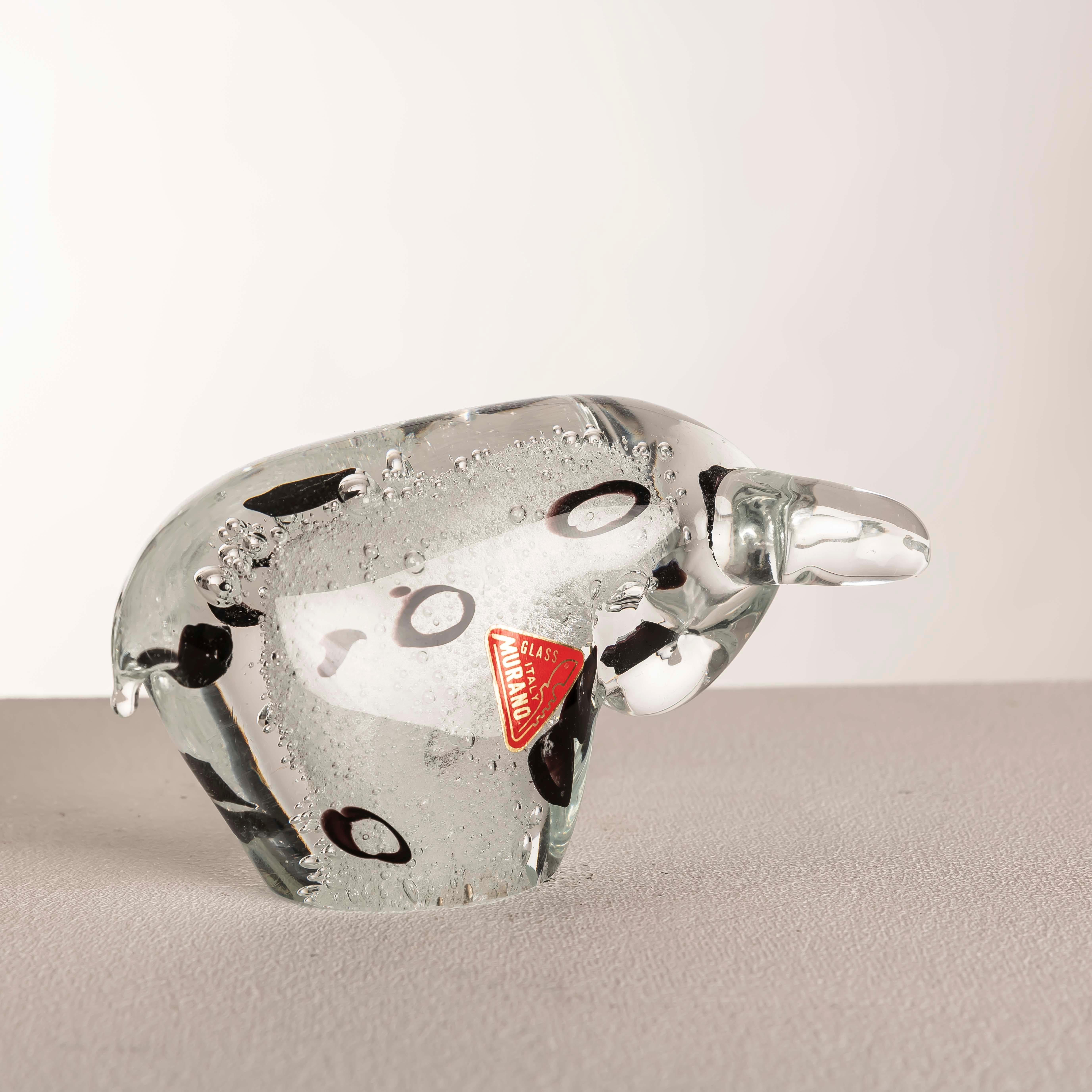 Mid-Century moderno Scultura di toro in vetro di Murano con etichetta originale, Italia, circa anni '60 in vendita