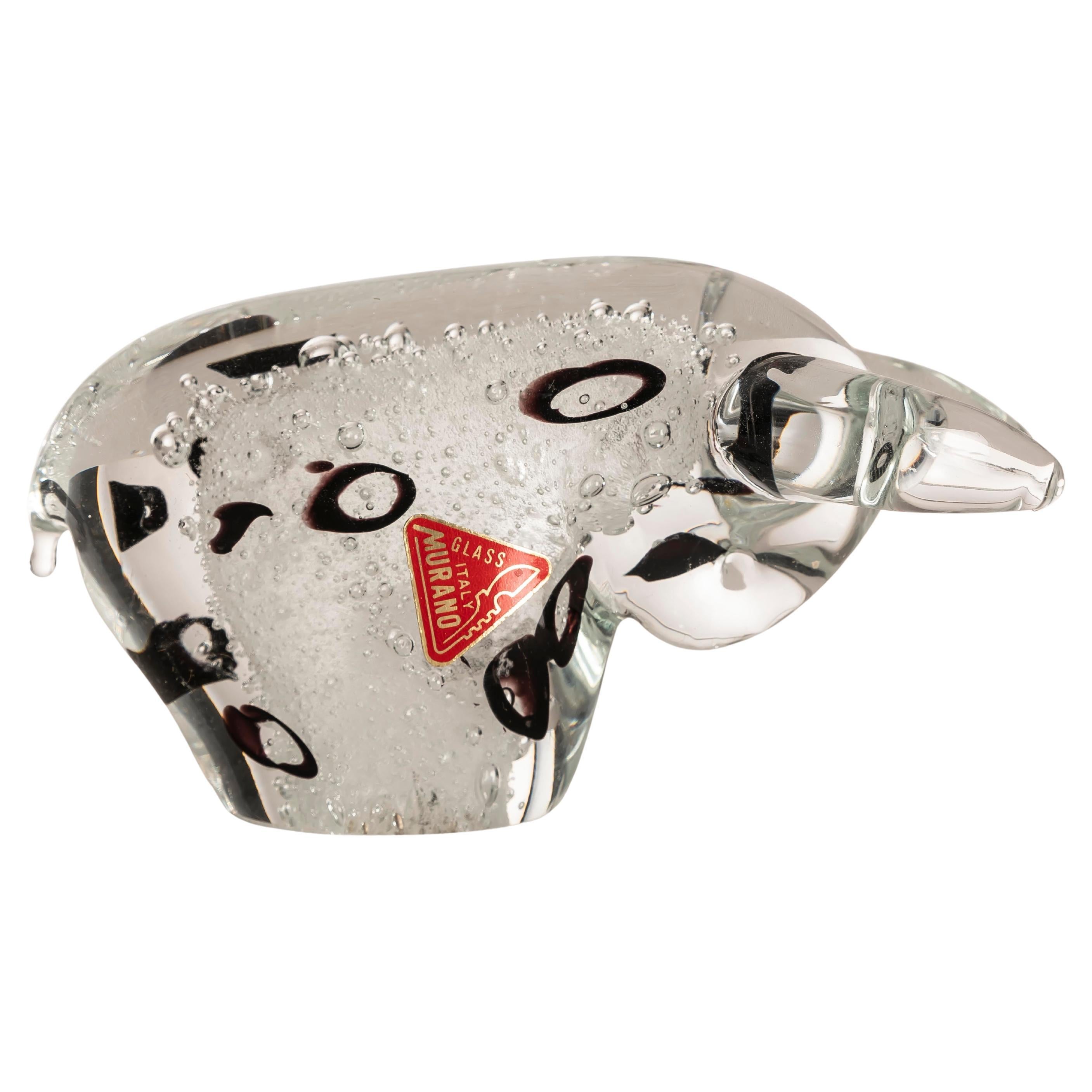 Scultura di toro in vetro di Murano con etichetta originale, Italia, circa anni '60 in vendita