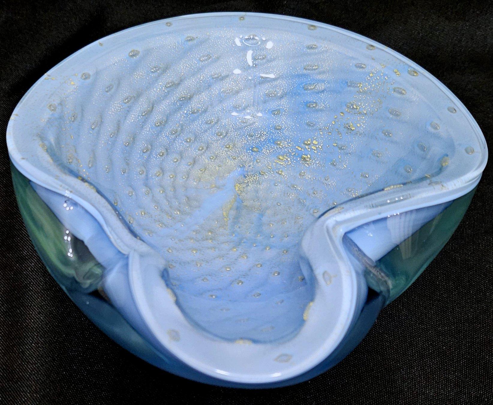 Alfredo Barbini Murano Glas Bullicante Schale / Vide Poche, Blau mit Gold Polveri (Italienisch)