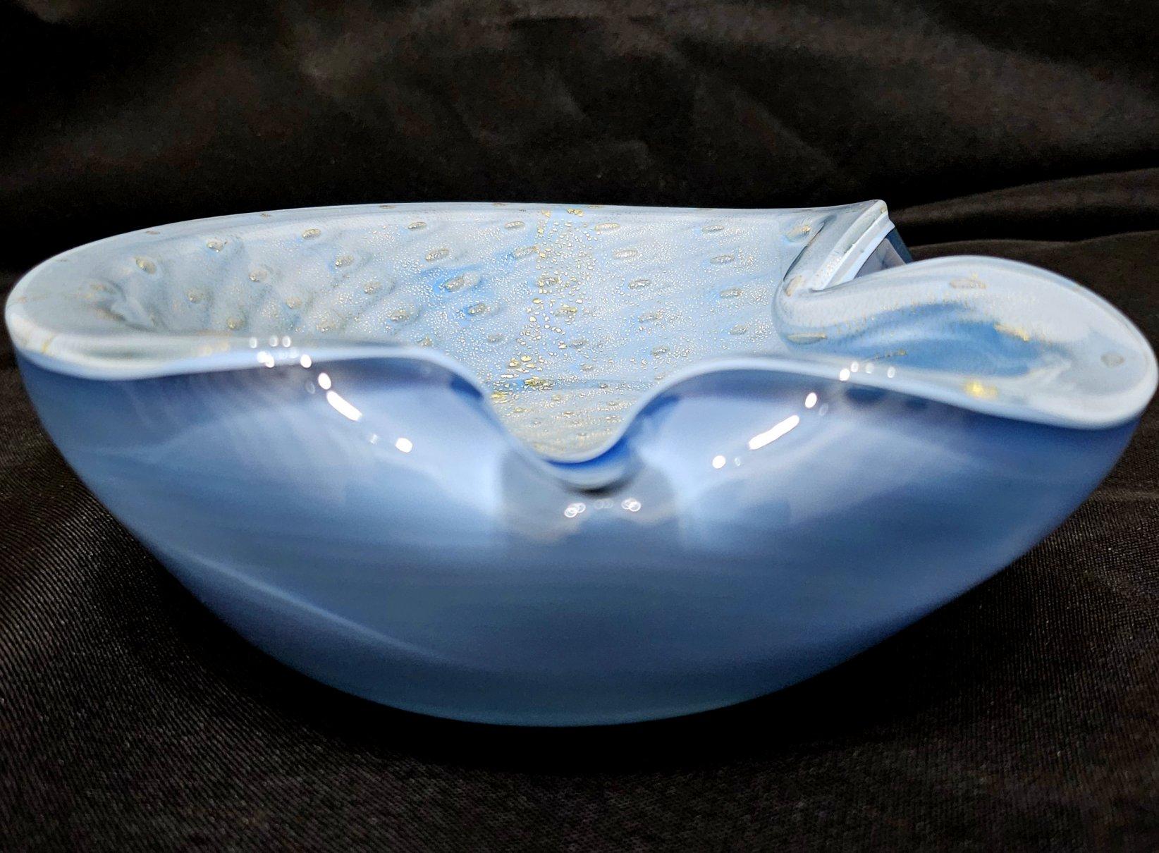 Alfredo Barbini Murano Glas Bullicante Schale / Vide Poche, Blau mit Gold Polveri (Sonstiges)