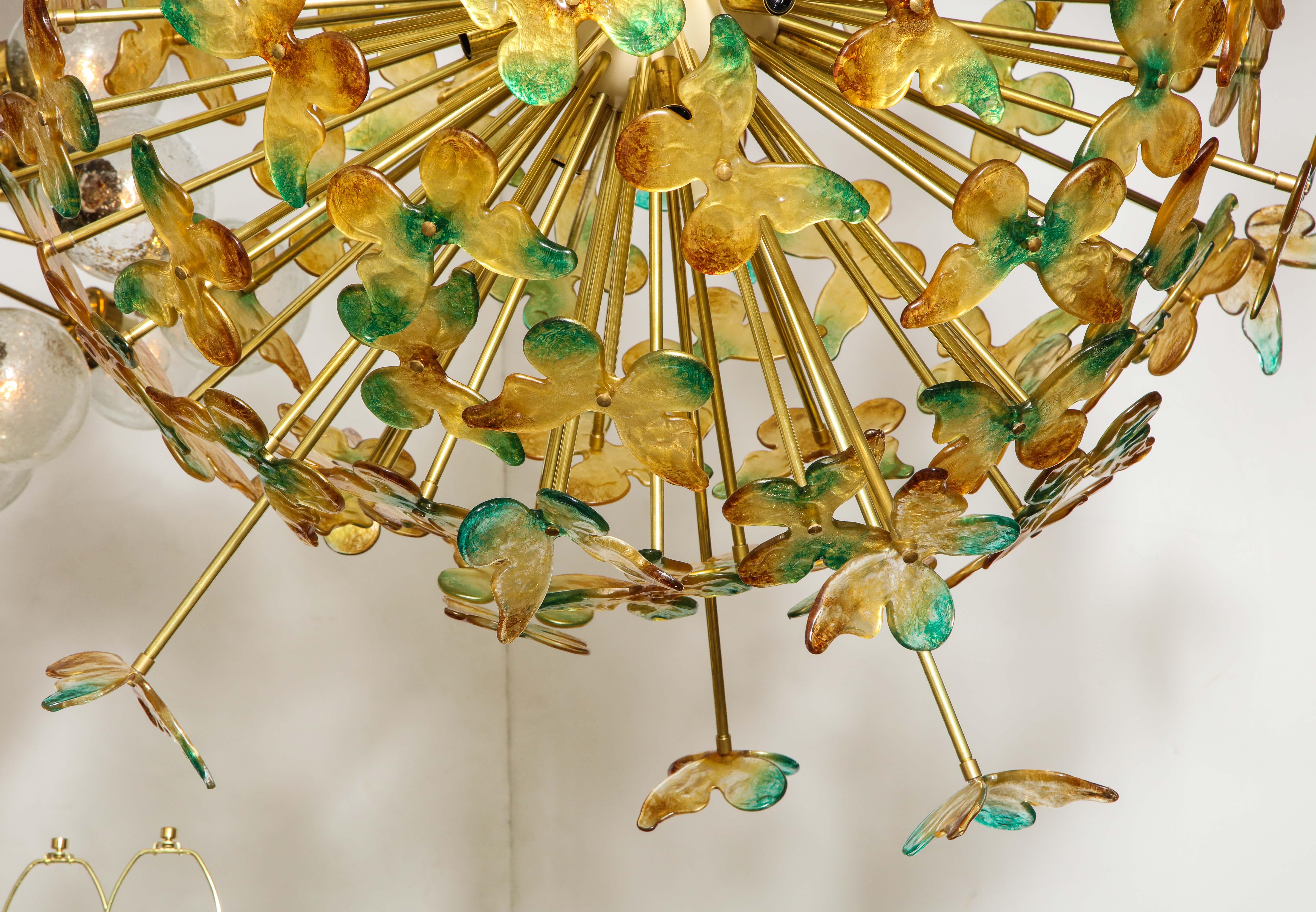 Modern XL Size Green, Amber Murano Glass Butterfly Sputnik Chandelier For Sale