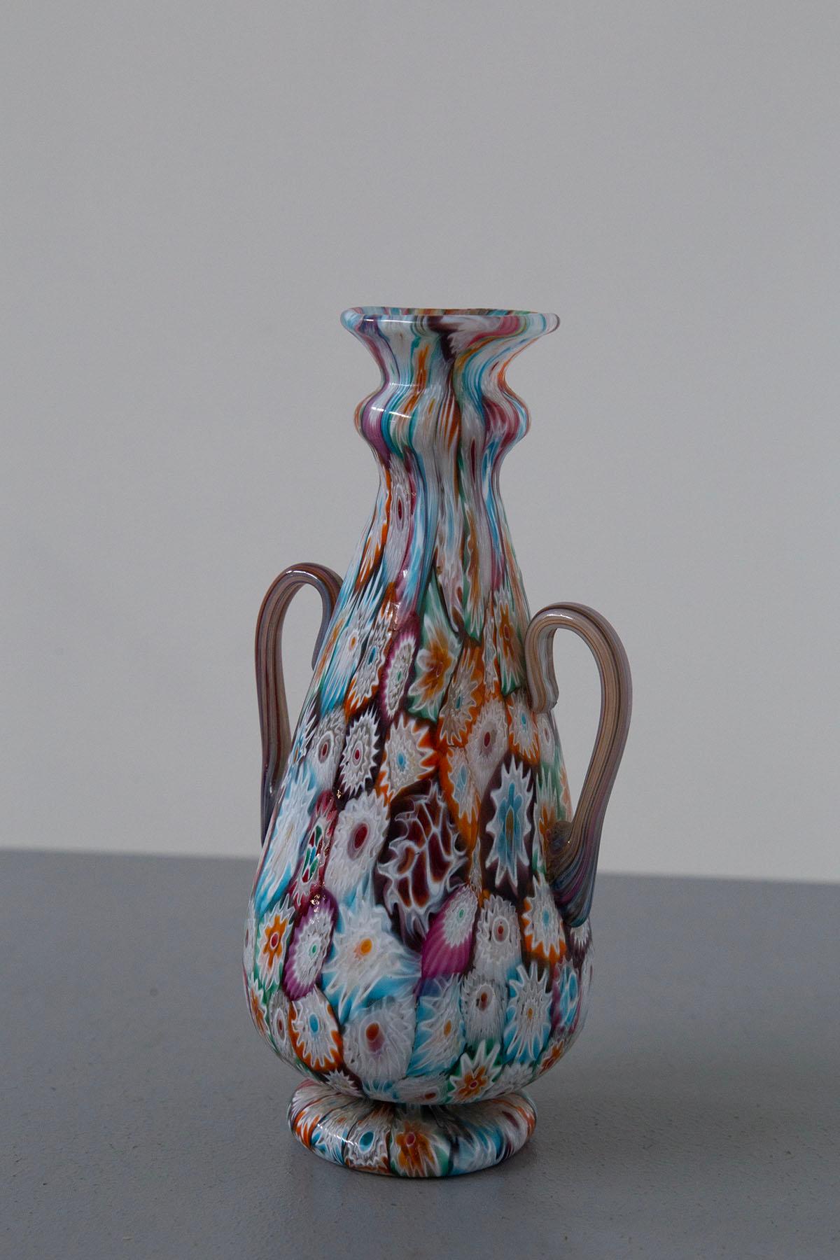 Art Nouveau Murano Glass by Fratelli Toso Millefiori vase Multicoloured For Sale