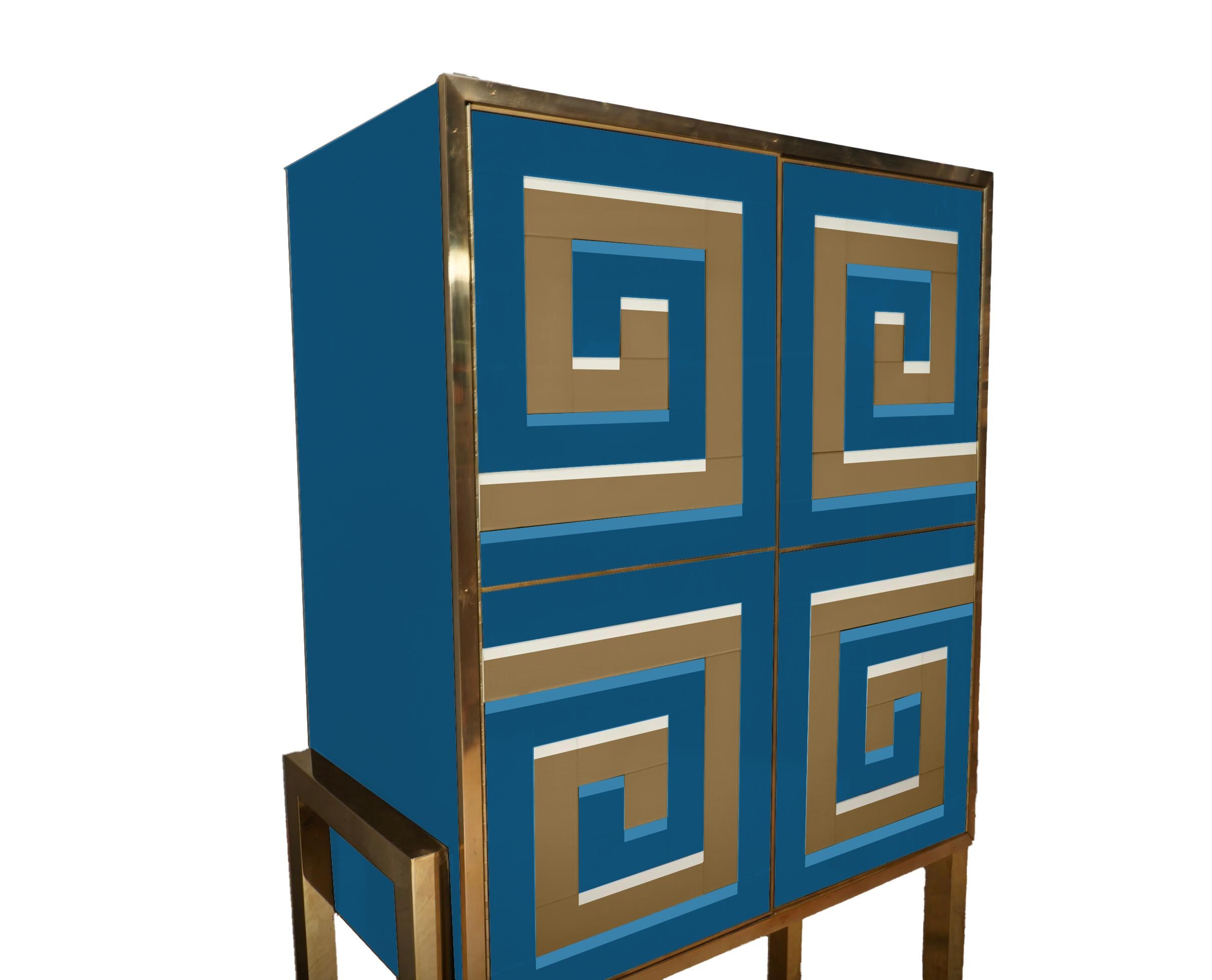 Italian Murano glass cabinet 3D Optical Effect blue and gold For Sale
