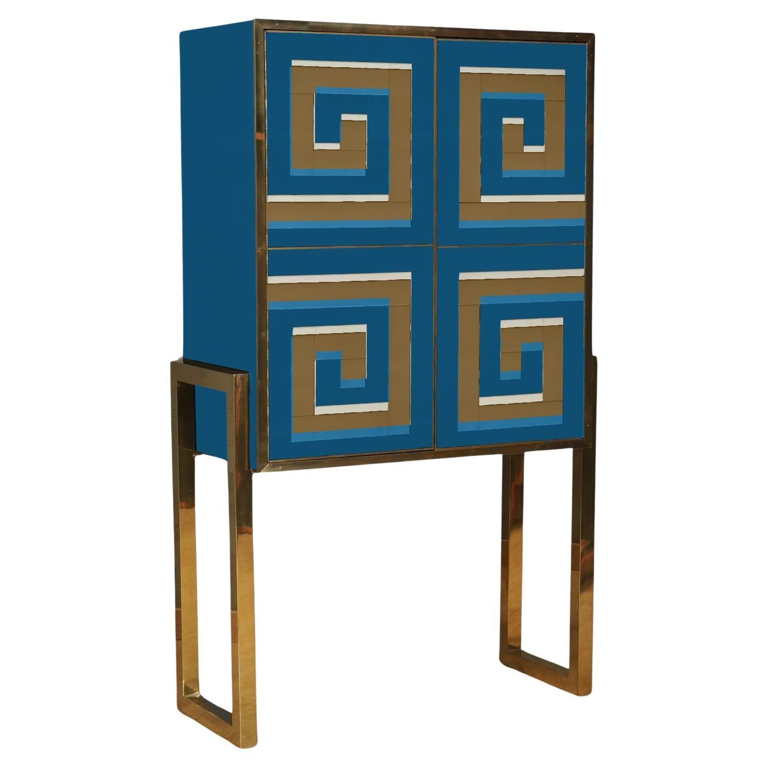 Murano glass cabinet 3D Optical Effect blue and gold For Sale