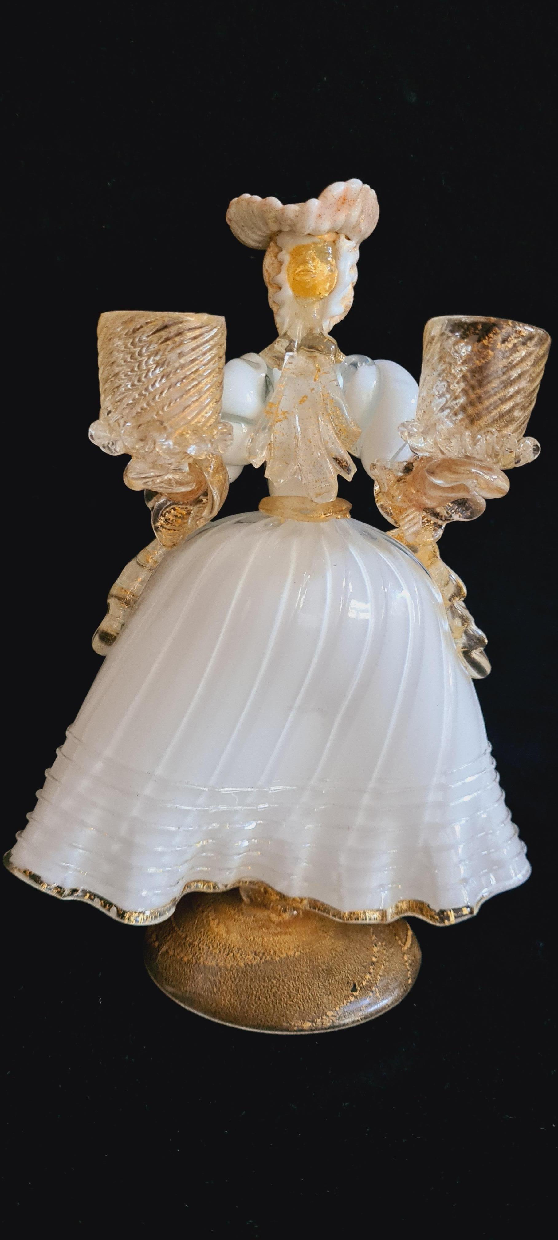 Antique Murano Glass Candleholder Figurine with Gold Leaf, Vetri Salviati For Sale 1