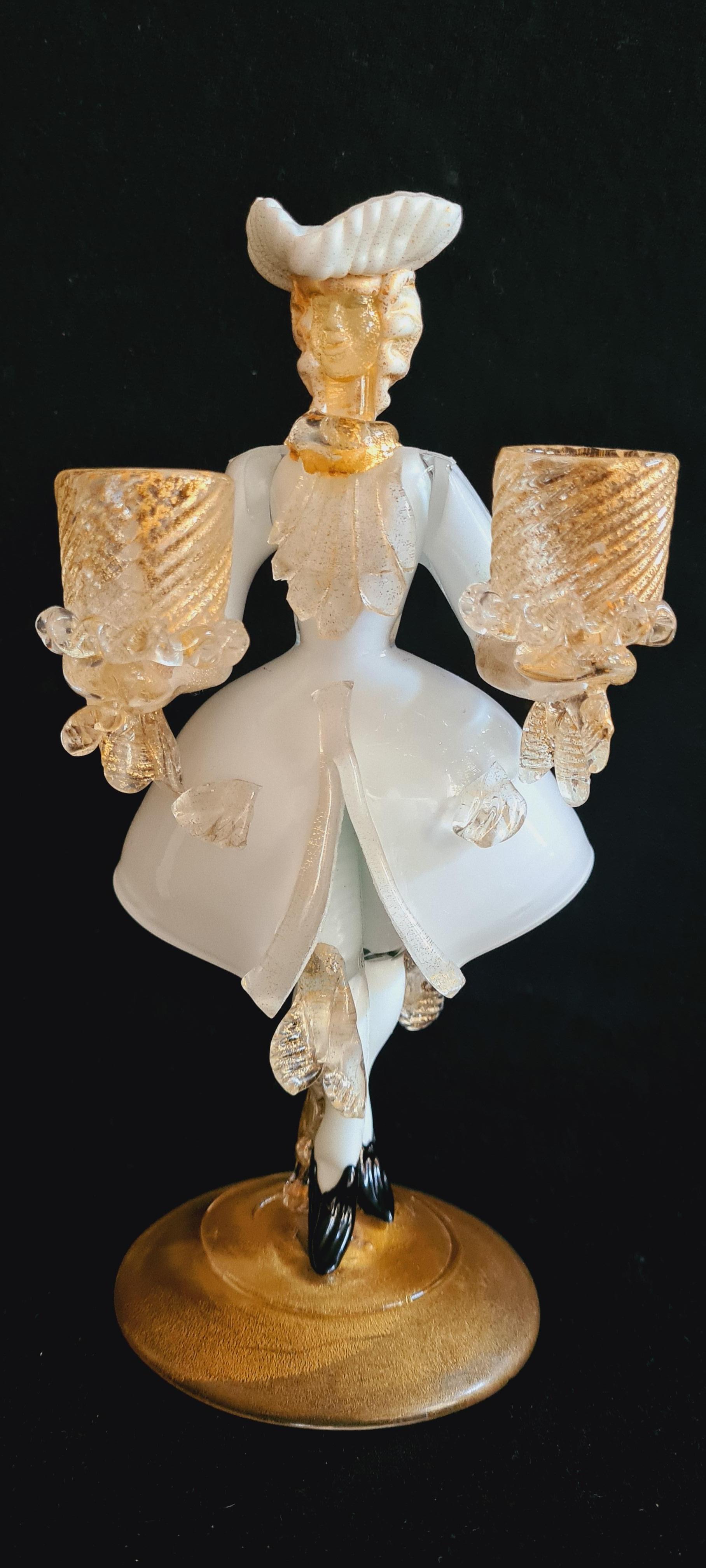 Antique Murano glass candleholder figurine with gold leaf in white and clear colour, made in Vetri Salviati by Antonio Salviati in years 1920-1930. In excellent condition.