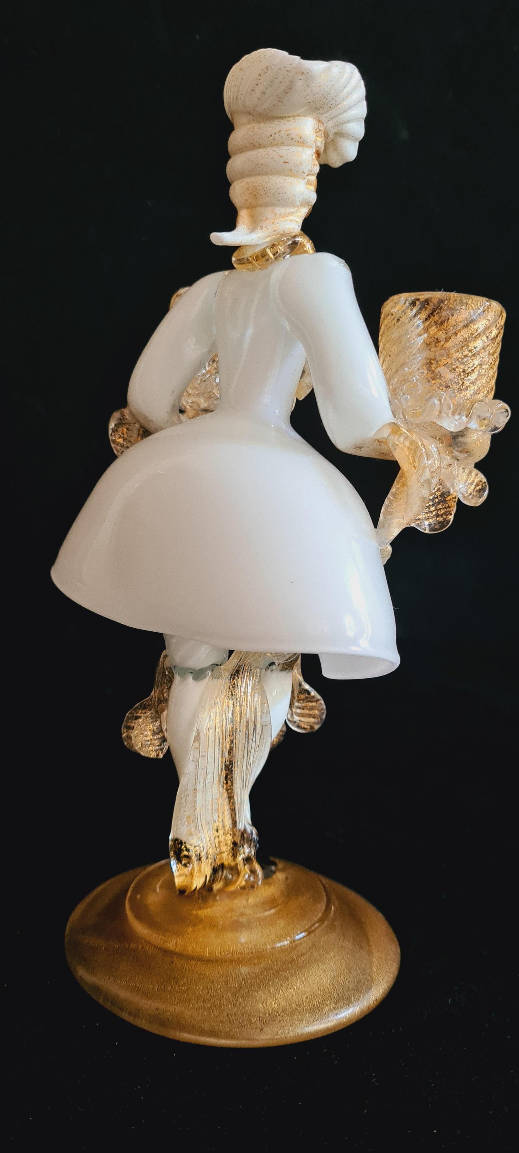 Art Nouveau Antique Murano Glass Candleholder Figurine with Gold Leaf, Vetri Salviati For Sale